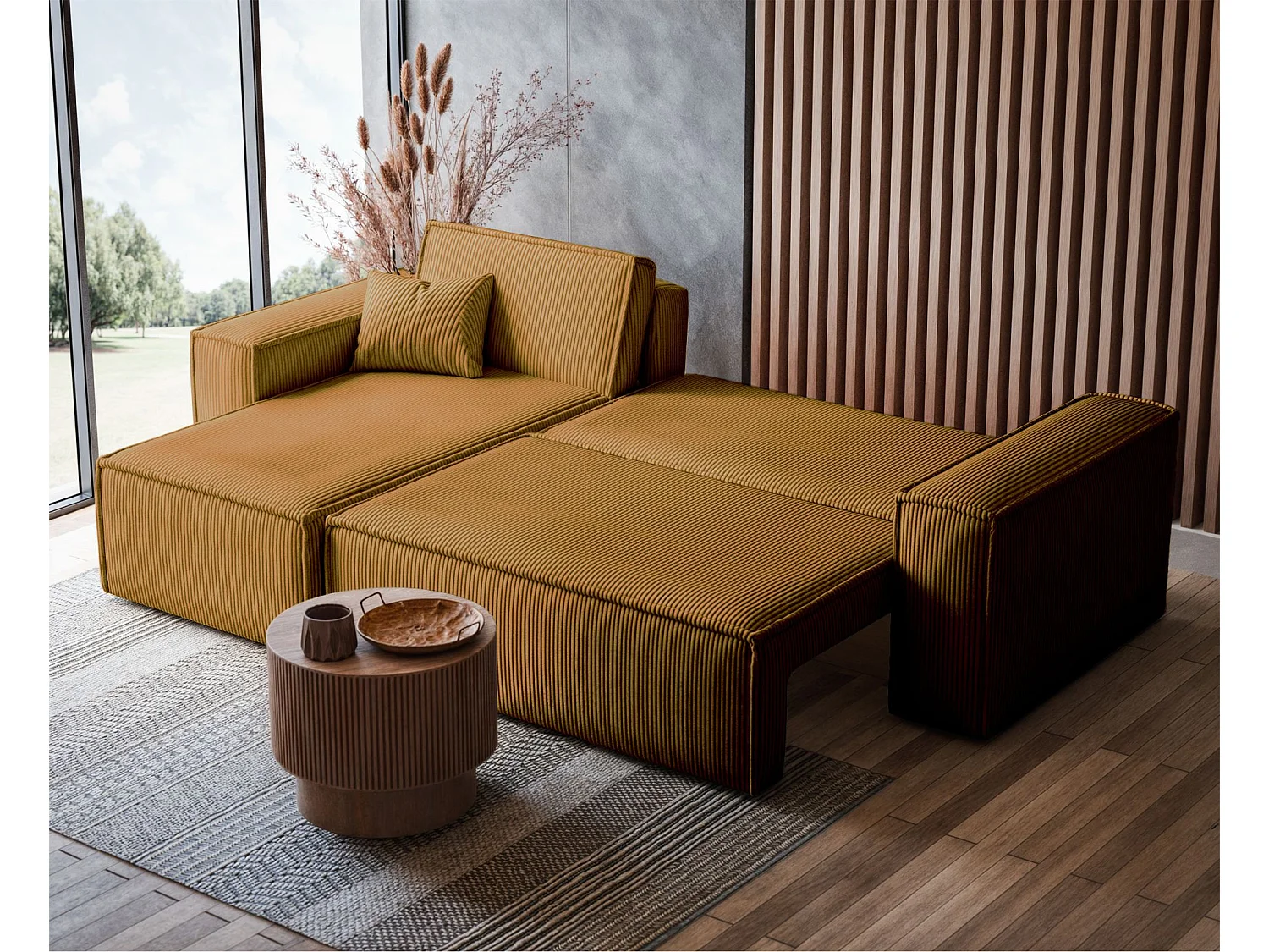 Canapé d'angle convertible - en velours côtelé moutarde - SCARLO