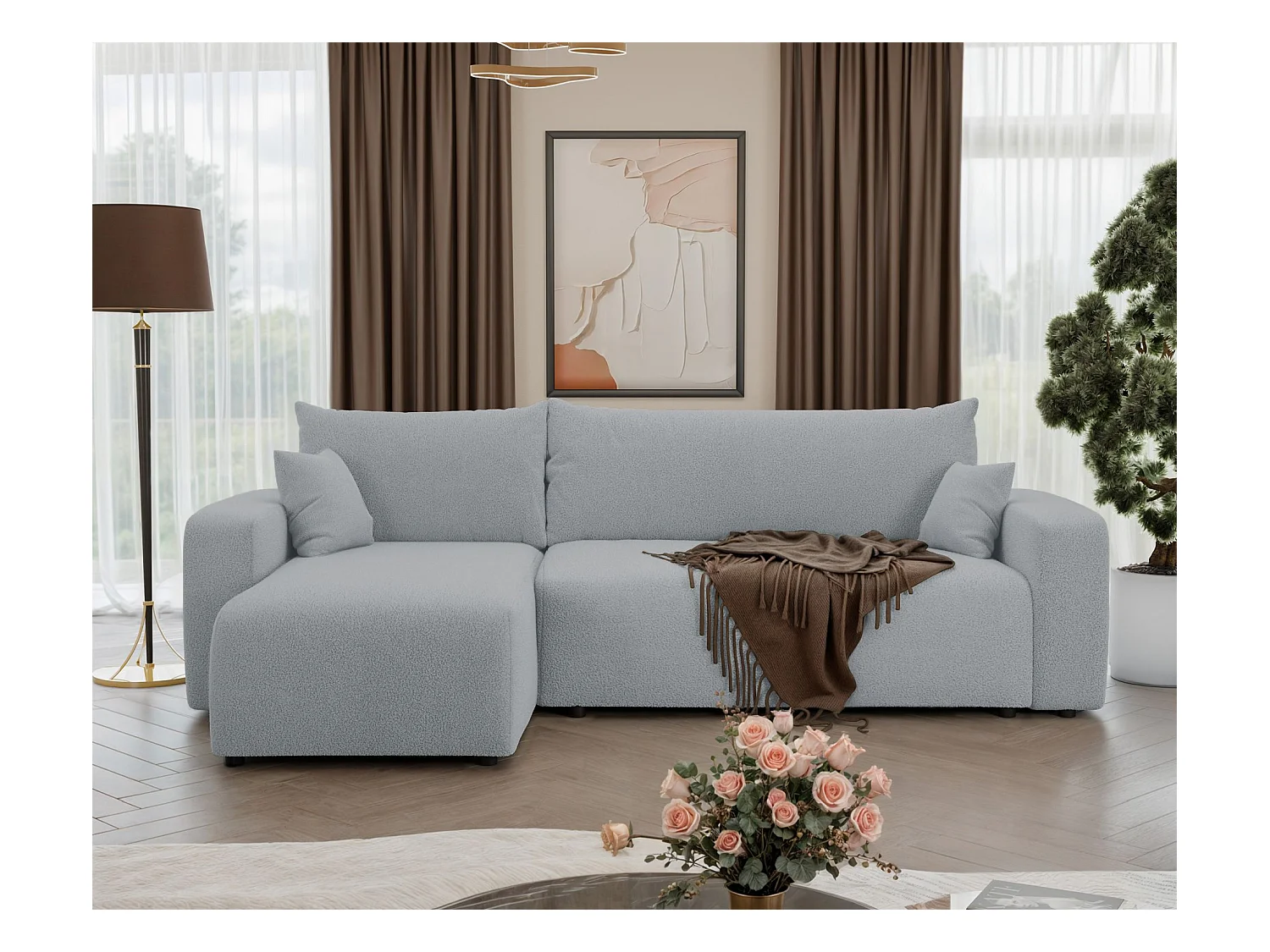 Canapé d'angle convertible - en boucle gris clair - PIANONI