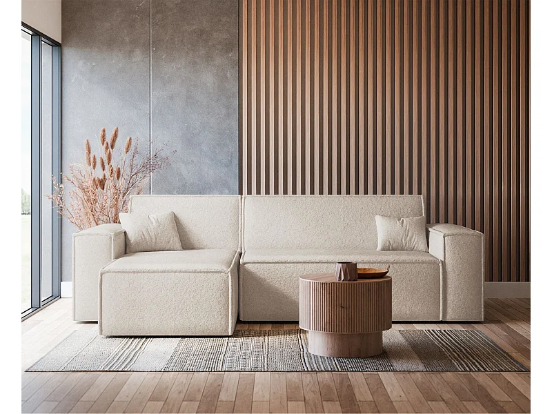 Ecksofa mit Schlaffunktion - Stauraum - Bouclé-Bezug - creme - Scarlo