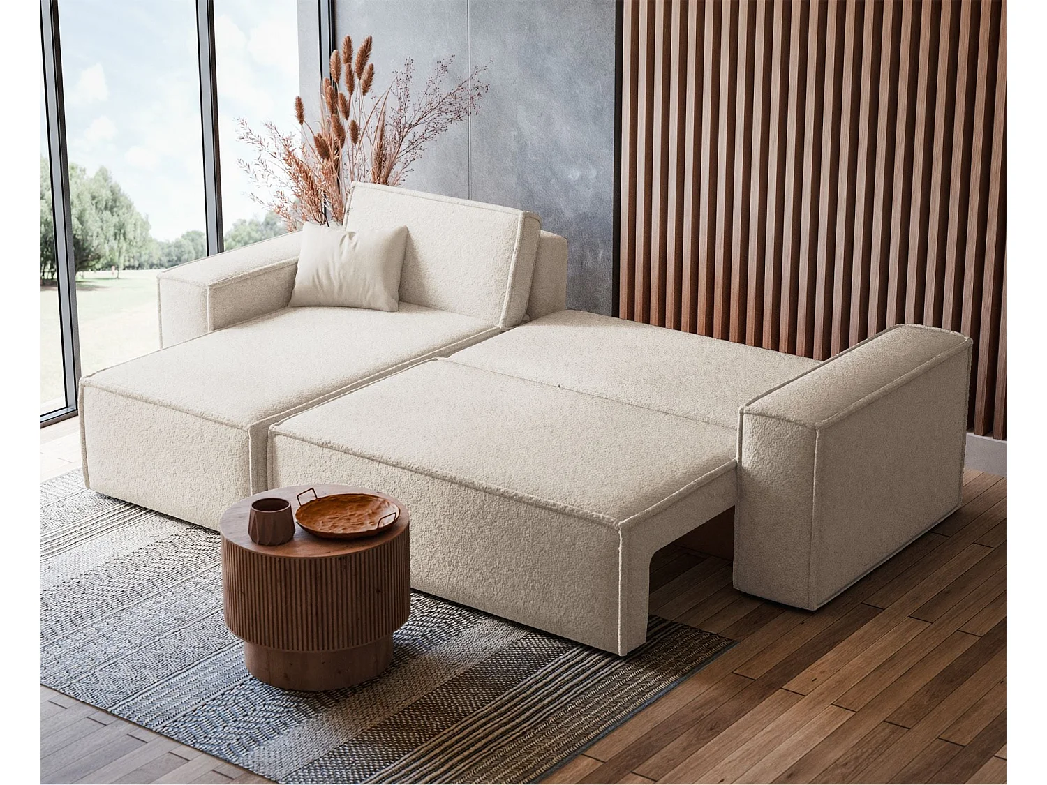 Canapé d'angle convertible 4 places en tissu côtelé crème SCARLO