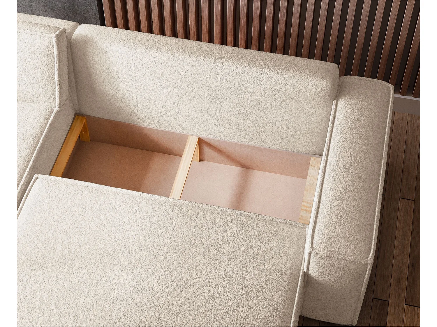 Canapé d'angle convertible 4 places en tissu côtelé crème SCARLO