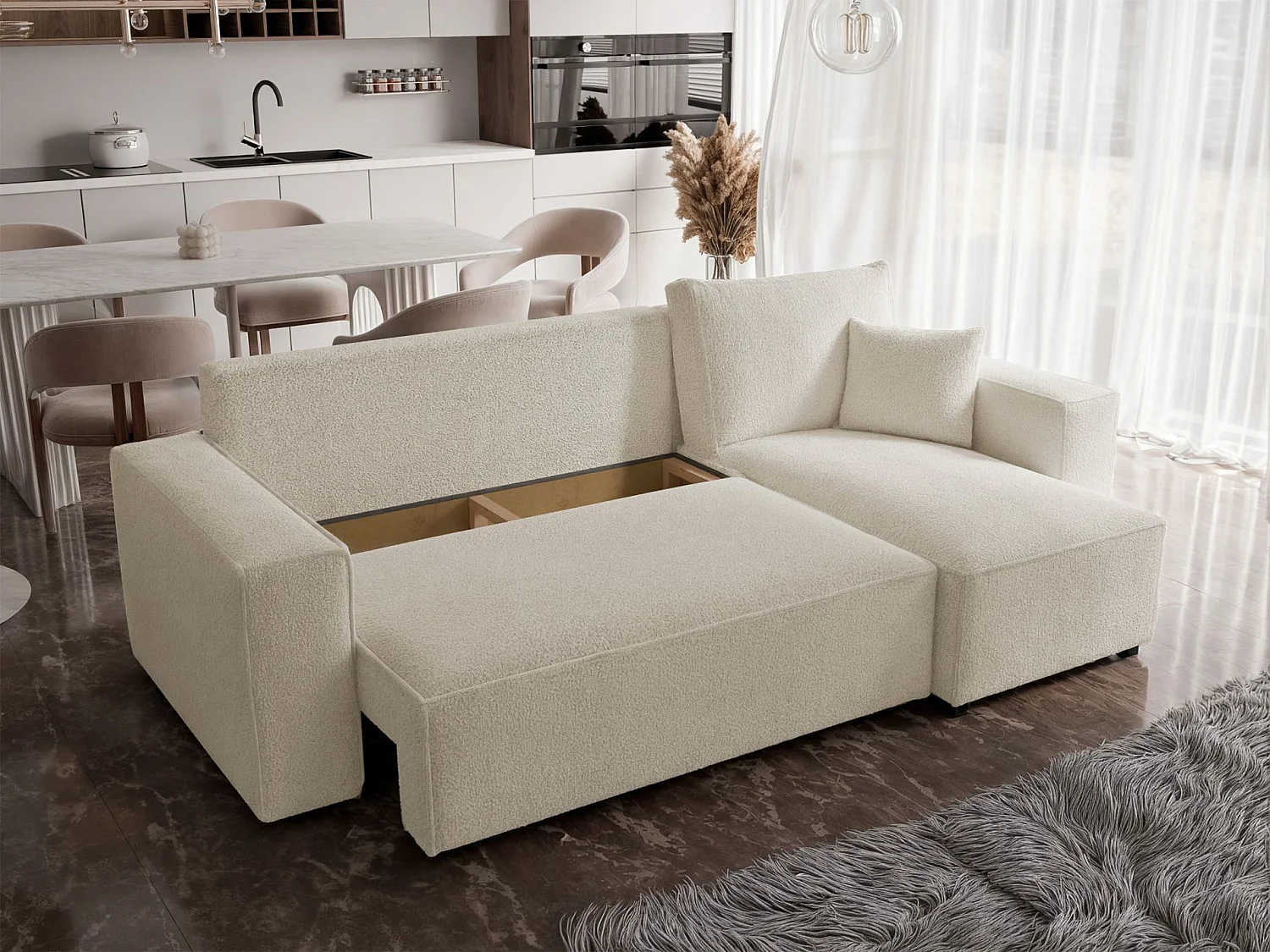 Canapé d'angle convertible 4 places en tissu côtelé crème SCARLO