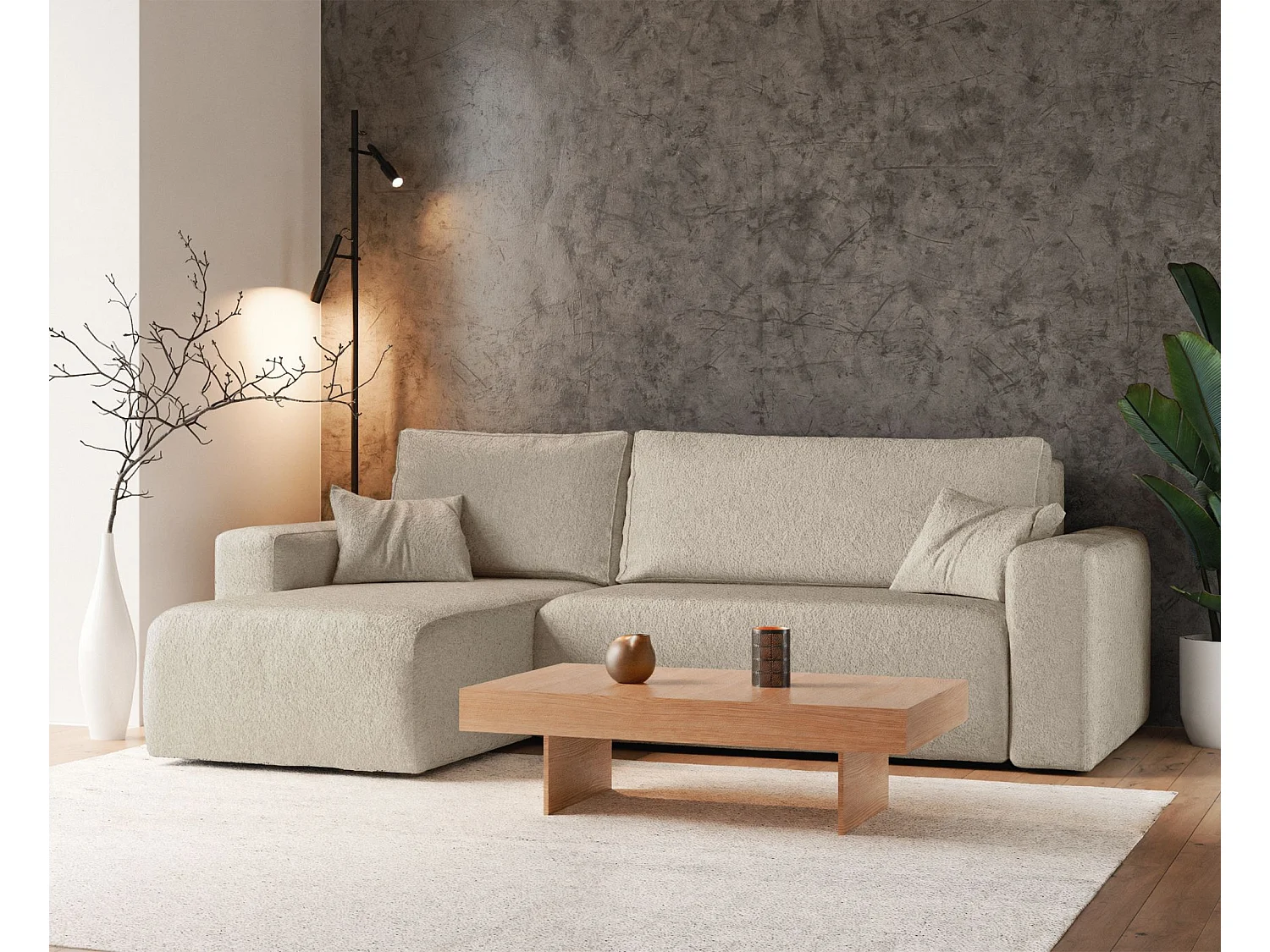 Hoekbank met slaapbank - lichtbeige boucle - PIANONI