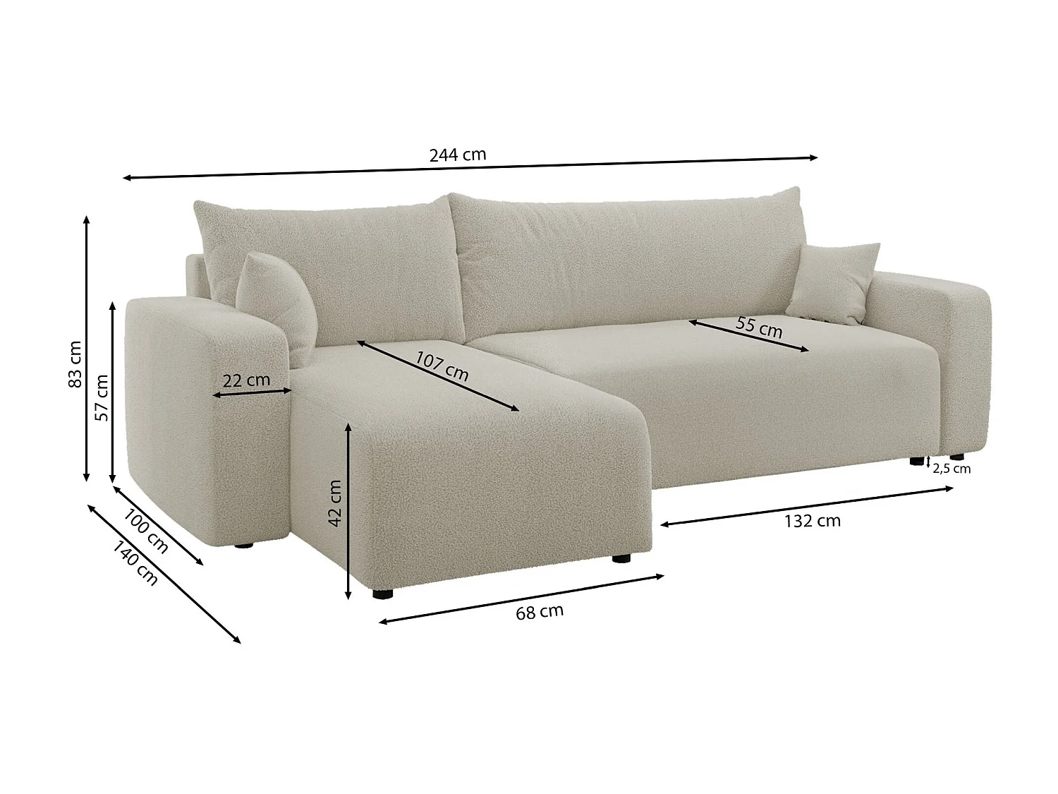 Hoekbank met slaapbank - lichtbeige boucle - PIANONI