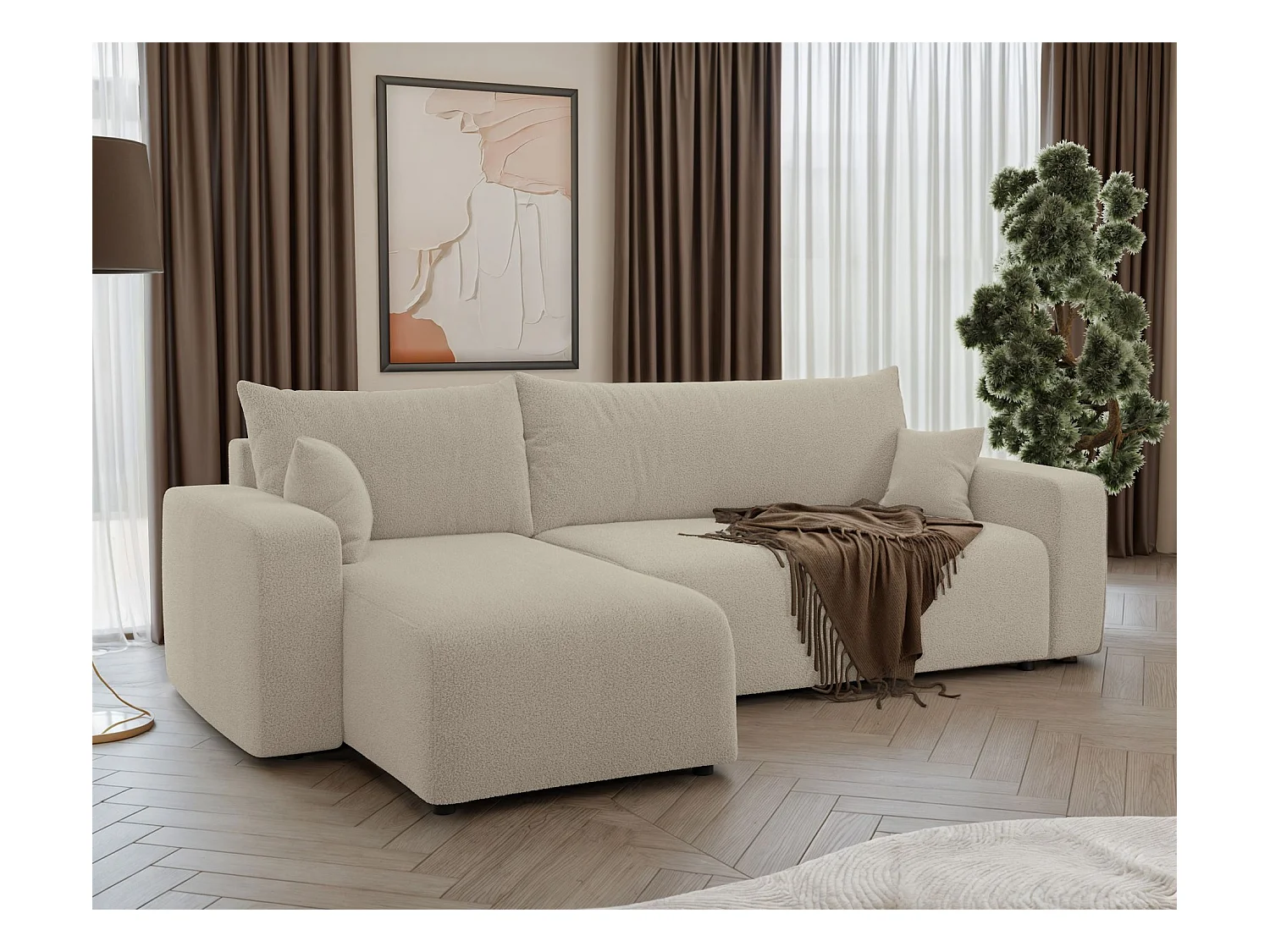 Canapé d'angle convertible - en boucle beige clair - PIANONI