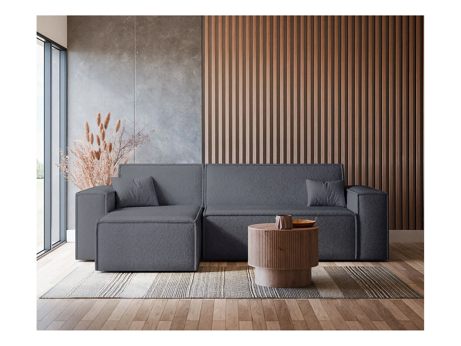 Canapé d'angle convertible - en boucle gris foncé - SCARLO