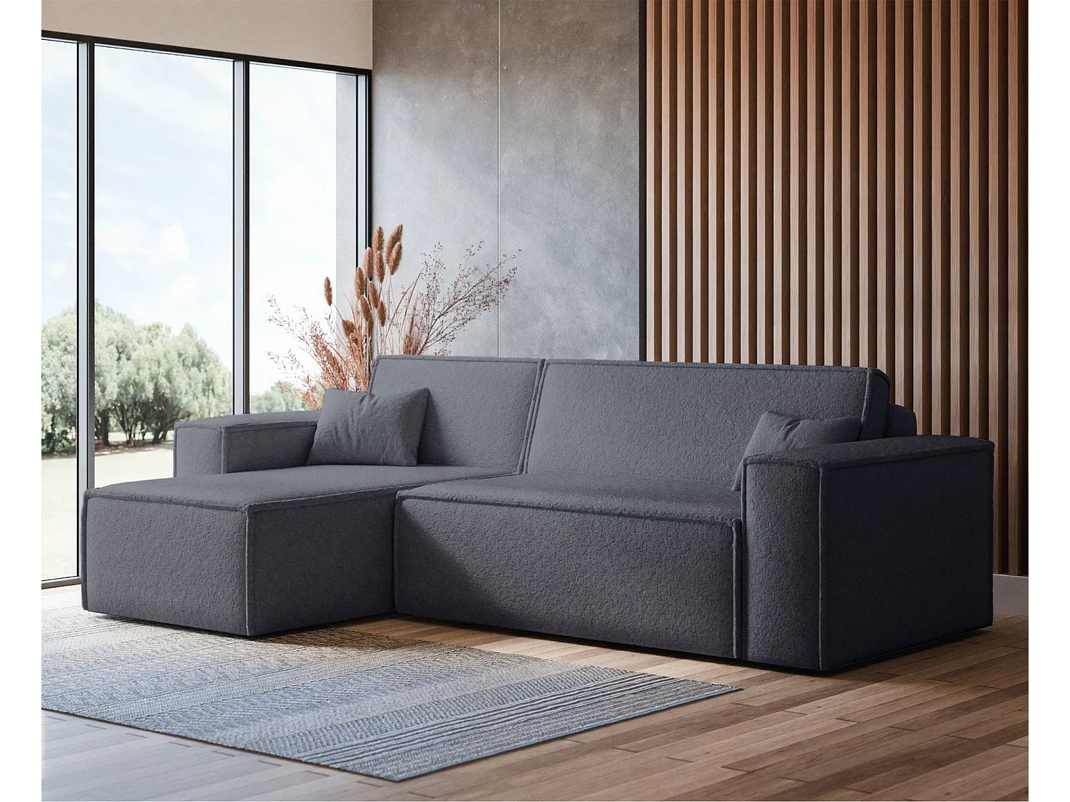 Canapé d'angle convertible 4 places en tissu côtelé gris SCARLO
