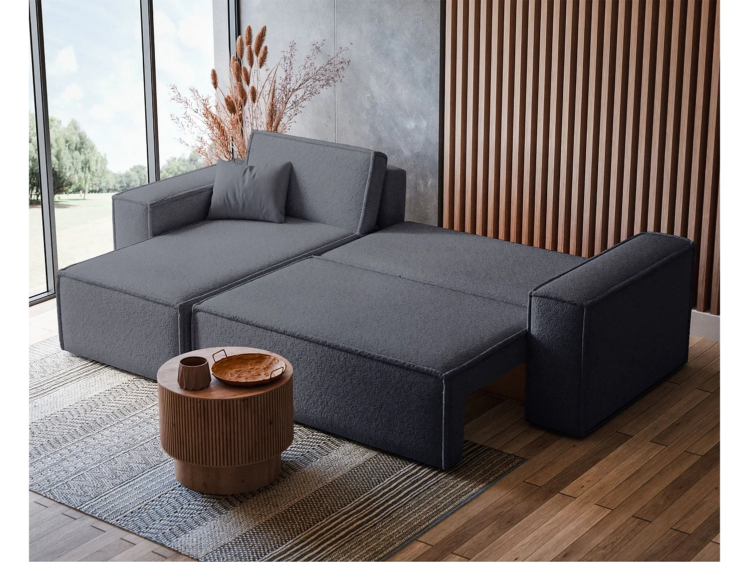 Canapé d'angle convertible 4 places en tissu côtelé gris SCARLO