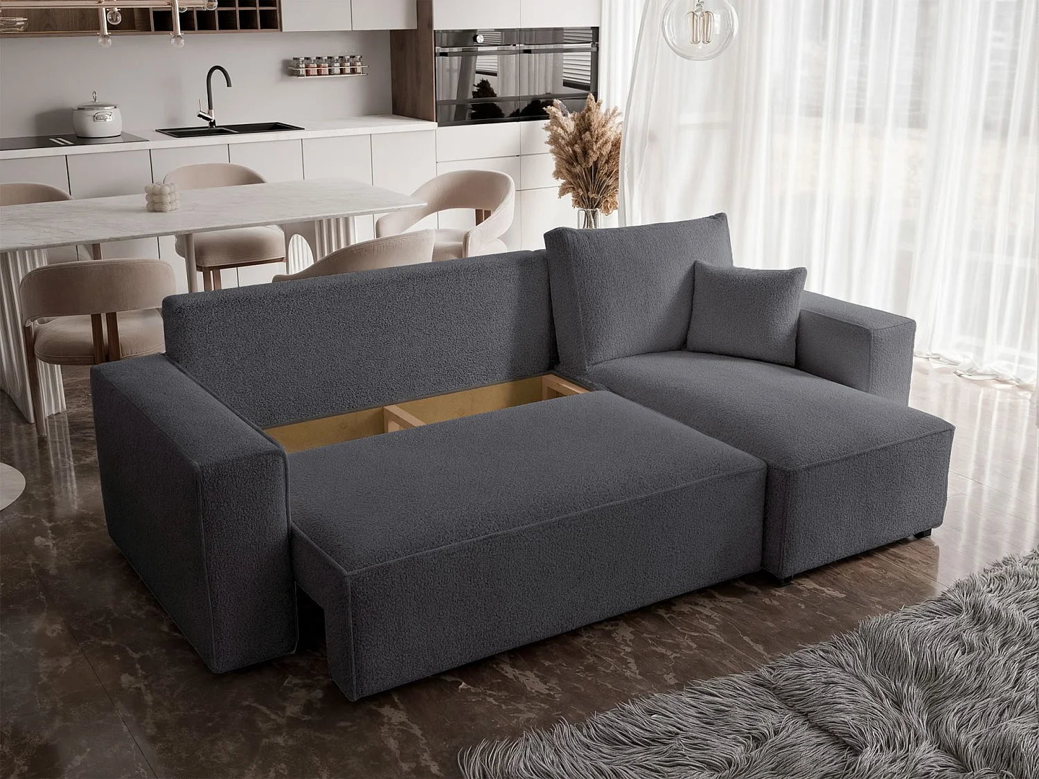 Canapé d'angle convertible 4 places en tissu côtelé gris SCARLO