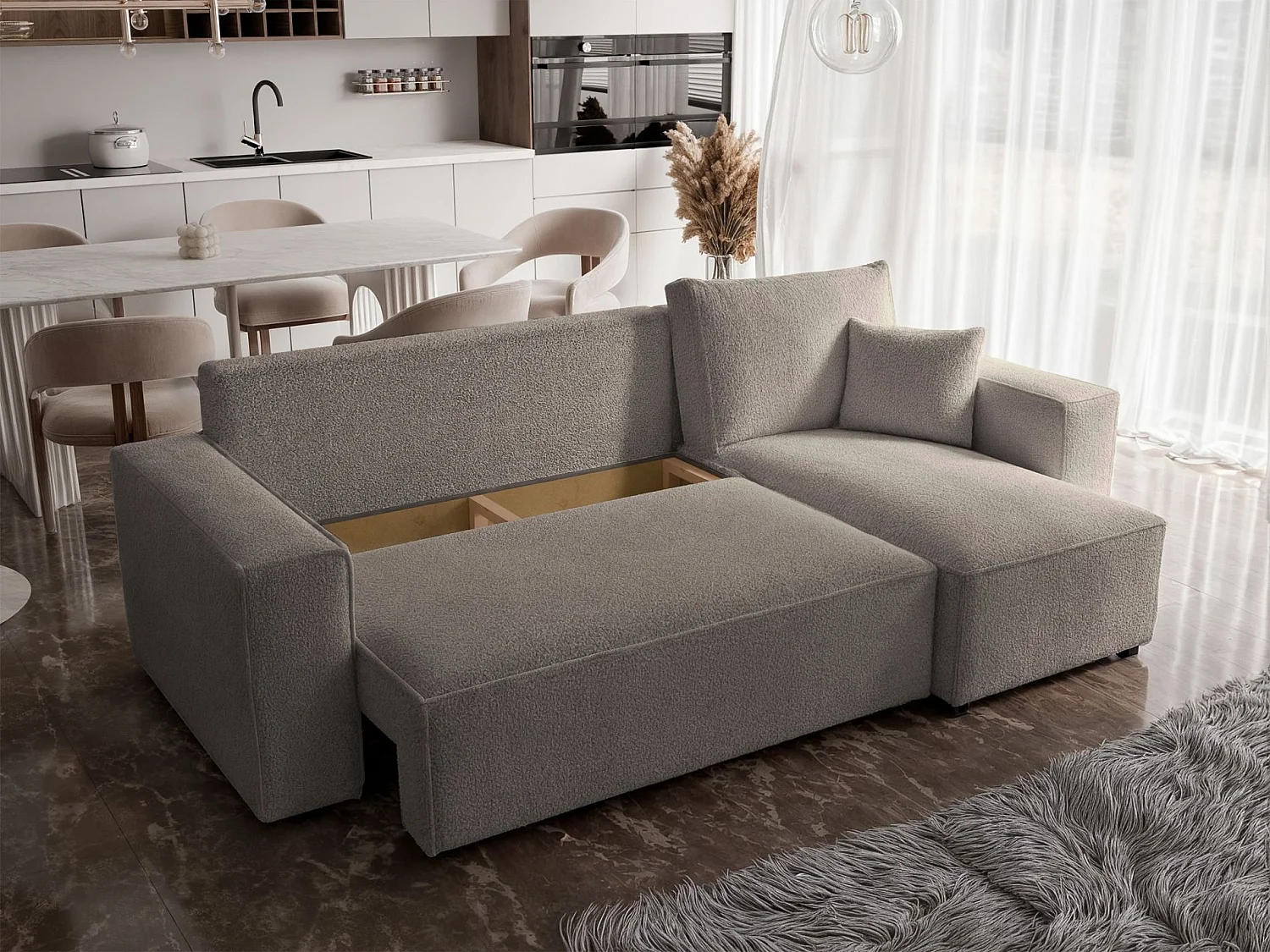 Canapé d'angle convertible - en boucle marron clair - SCARLO