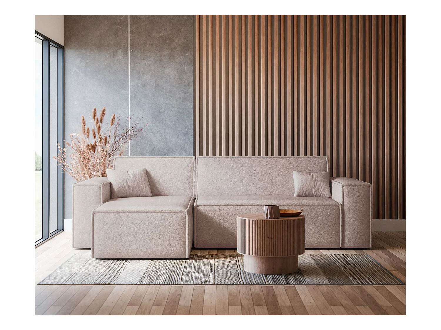 Canapé d'angle convertible - en boucle marron clair - SCARLO