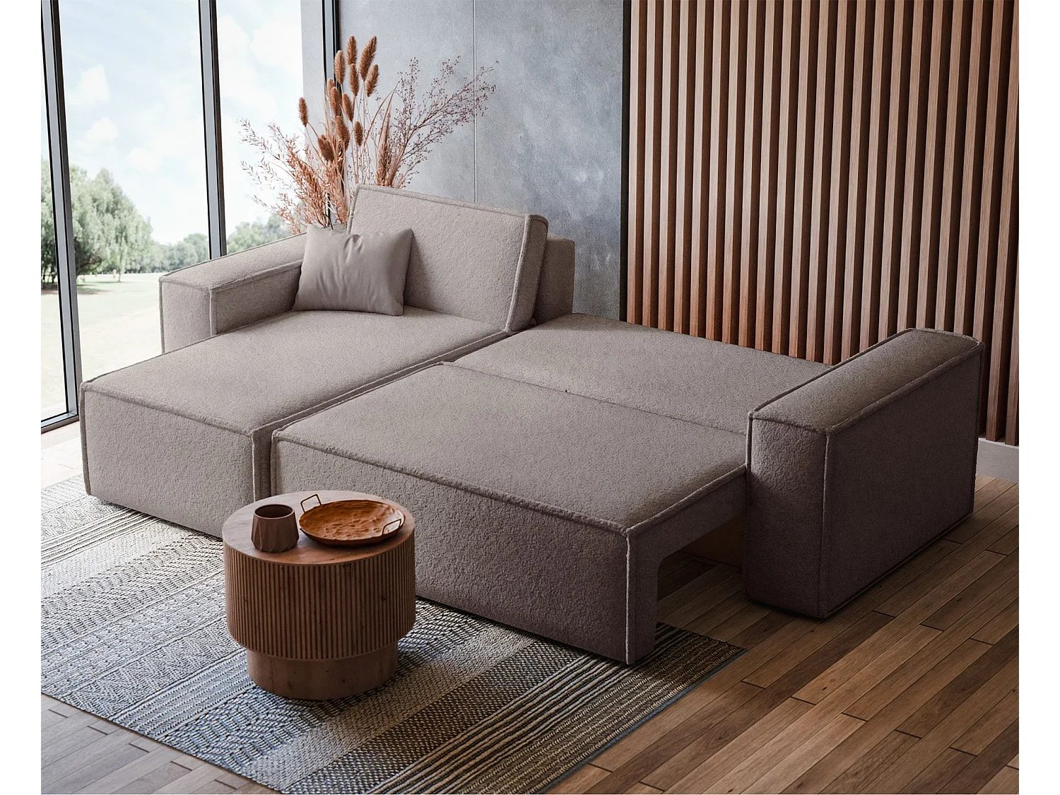 Canapé d'angle convertible - en boucle marron clair - SCARLO