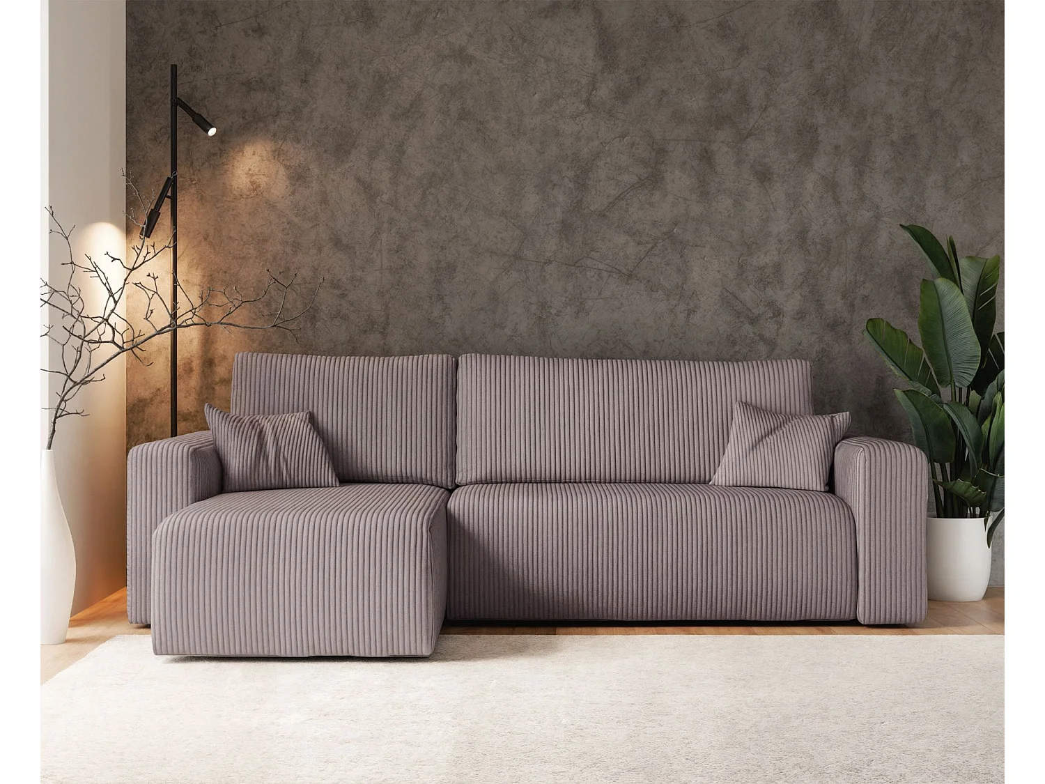 Canapé d'angle convertible - en velours côtelé beige- PIANONI