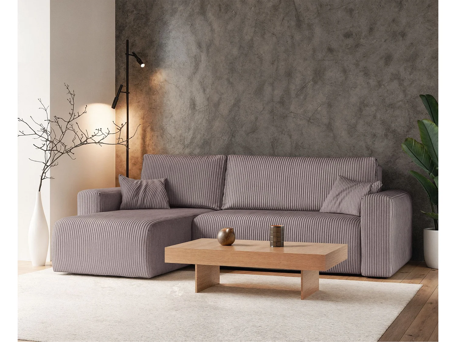 Canapé d'angle convertible - en velours côtelé beige- PIANONI