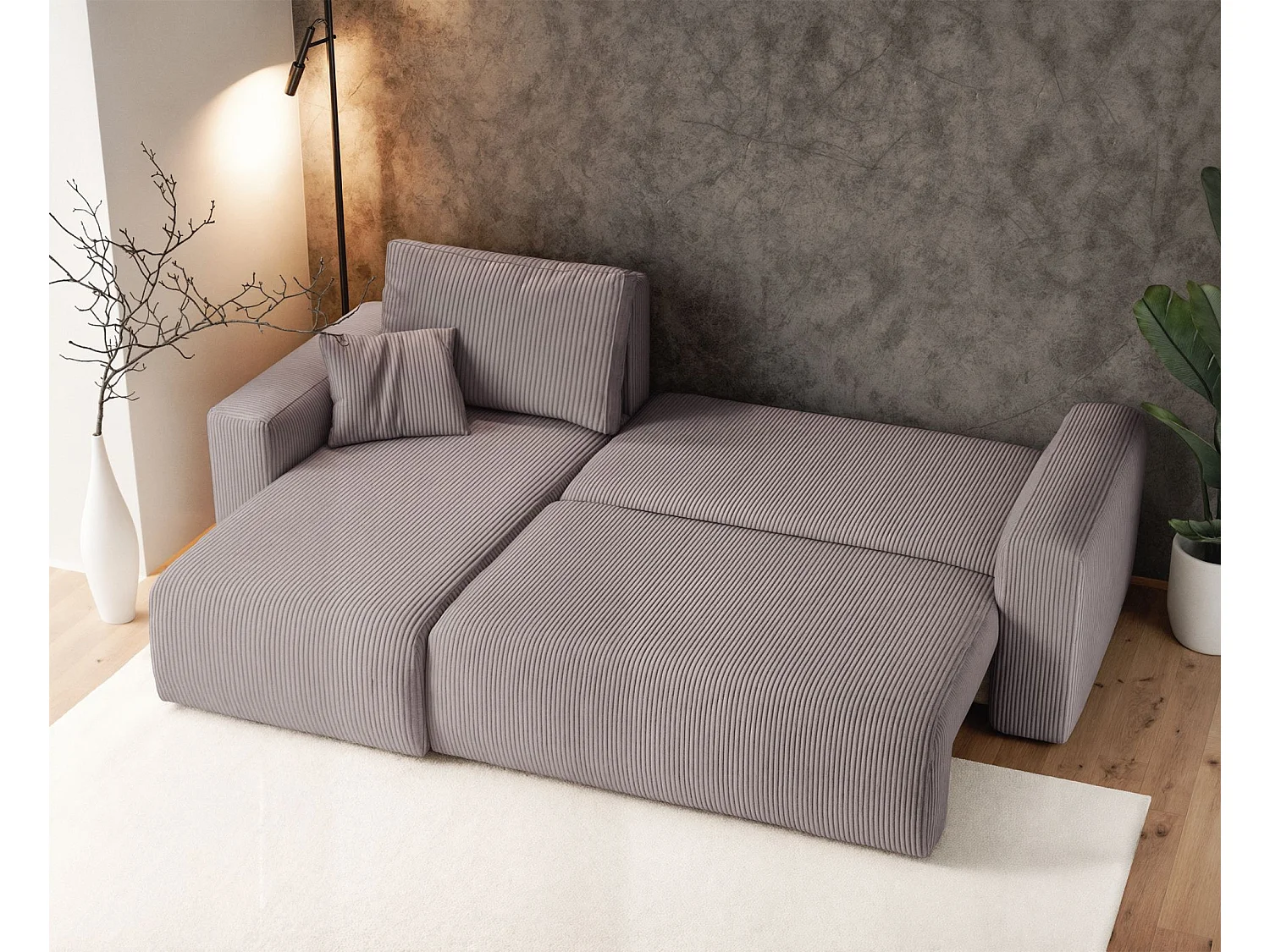 Canapé d'angle convertible - en velours côtelé beige- PIANONI