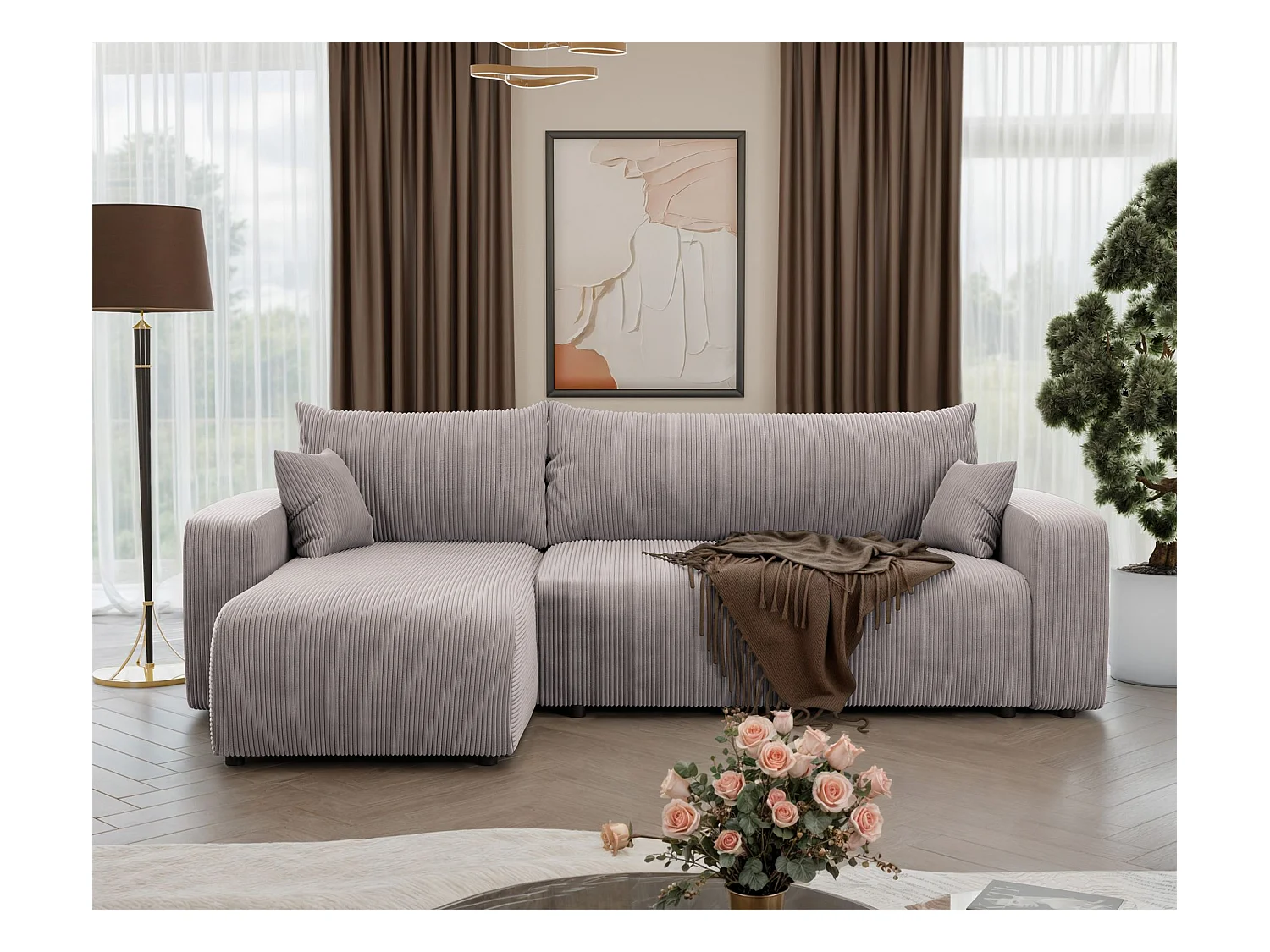 Canapé d'angle convertible - en velours côtelé beige- PIANONO