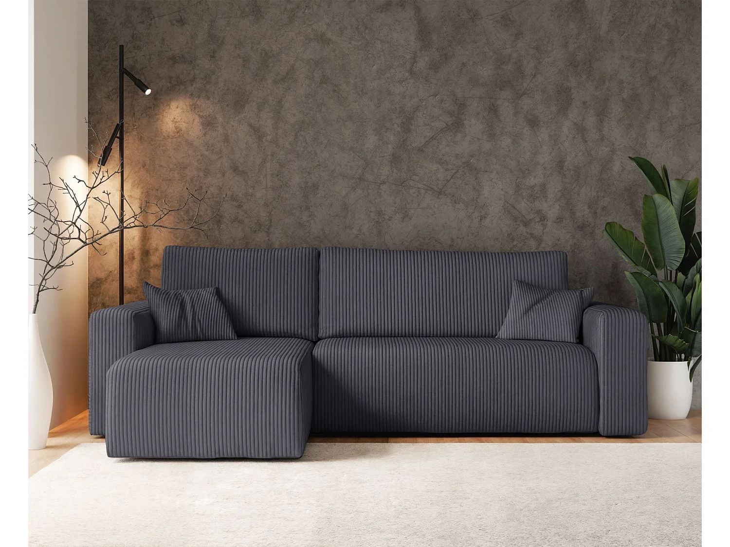 Canapé d'angle convertible - en velours côtelé gris - PIANONI