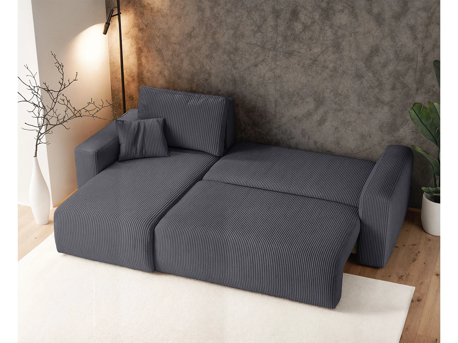 Canapé d'angle convertible - en velours côtelé gris - PIANONI