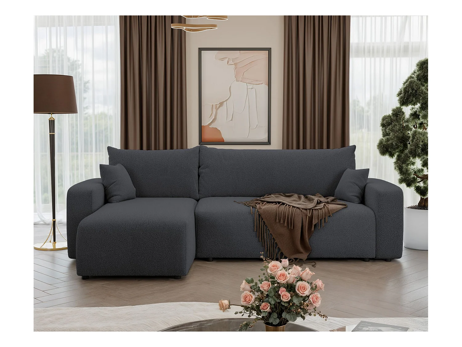 Canapé d'angle convertible - en boucle gris foncé - PIANONI
