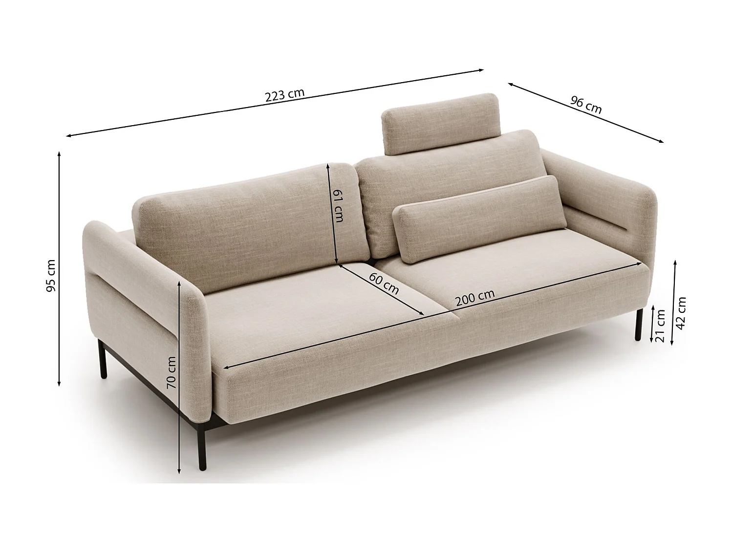 3-Sitzer-Sofa mit Schlaffunktion, beige, 223 cm - SOLIANERO