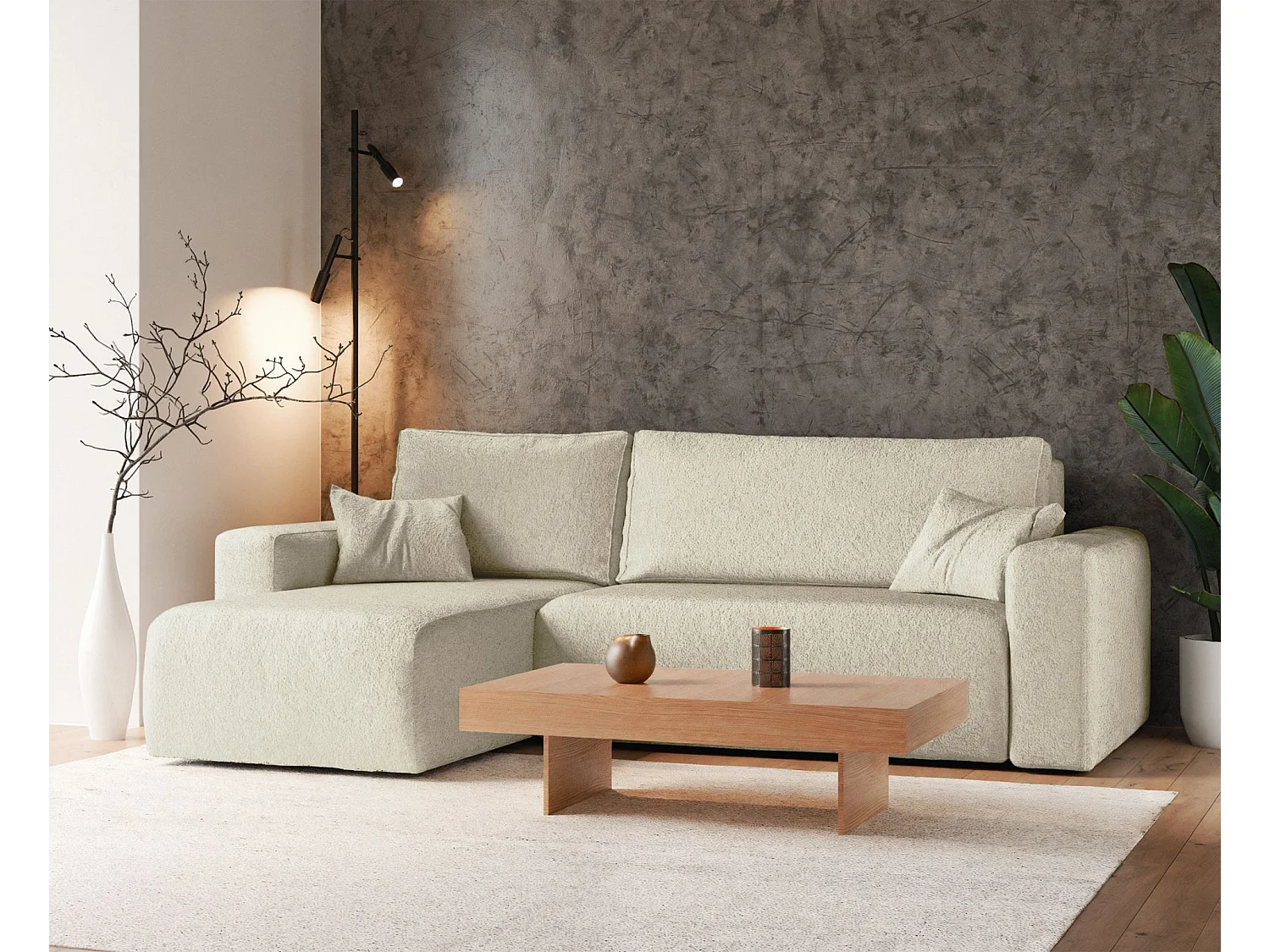 Ecksofa mit Schlaffunktion - Stauraum - Bouclé-Bezug - creme - Pianoni