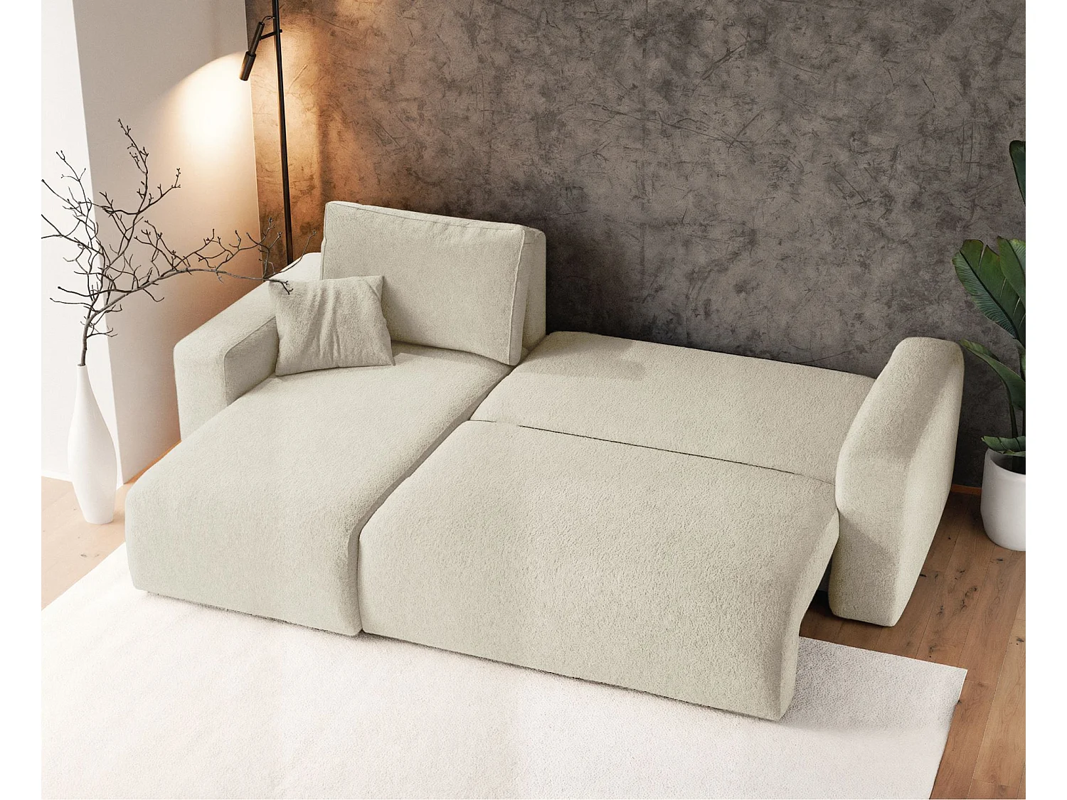 Ecksofa mit Schlaffunktion - Stauraum - Bouclé-Bezug - creme - Pianoni