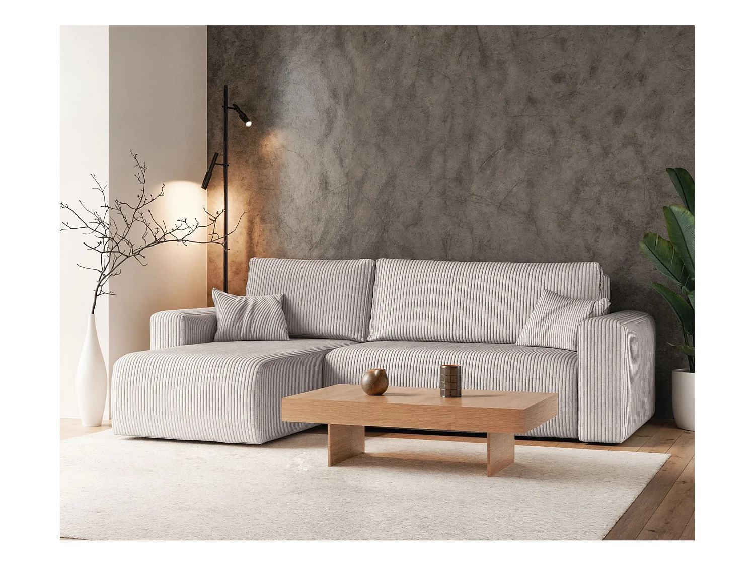 Canapé d'angle convertible - en velours côtelé beige clair - PIANONI