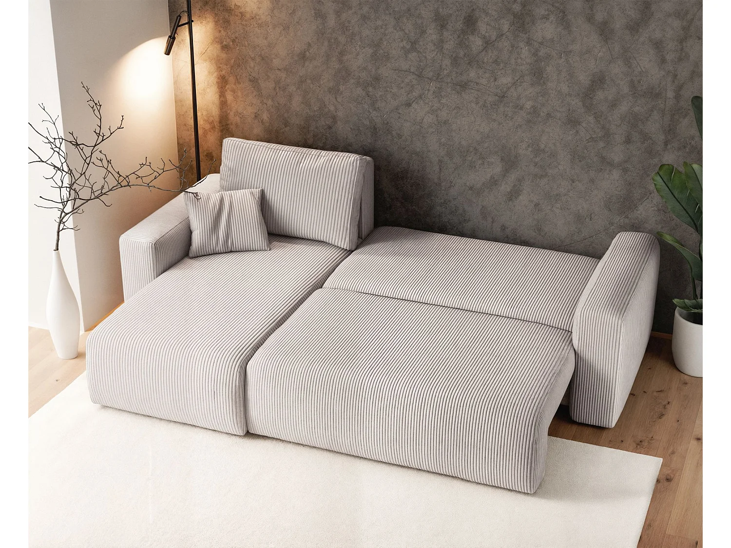 Canapé d'angle convertible - en velours côtelé beige clair - PIANONI