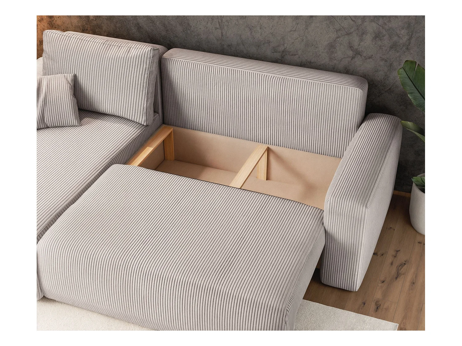 Canapé d'angle convertible - en velours côtelé beige clair - PIANONI