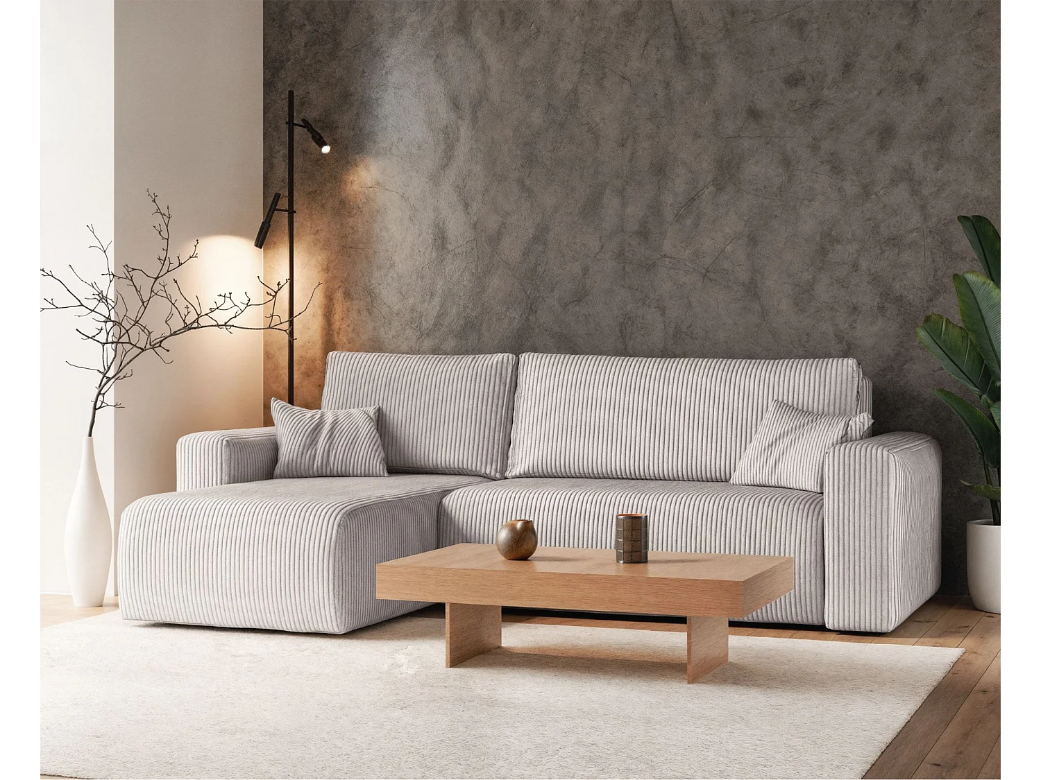 Canapé d'angle convertible - en velours côtelé beige clair - PIANONI