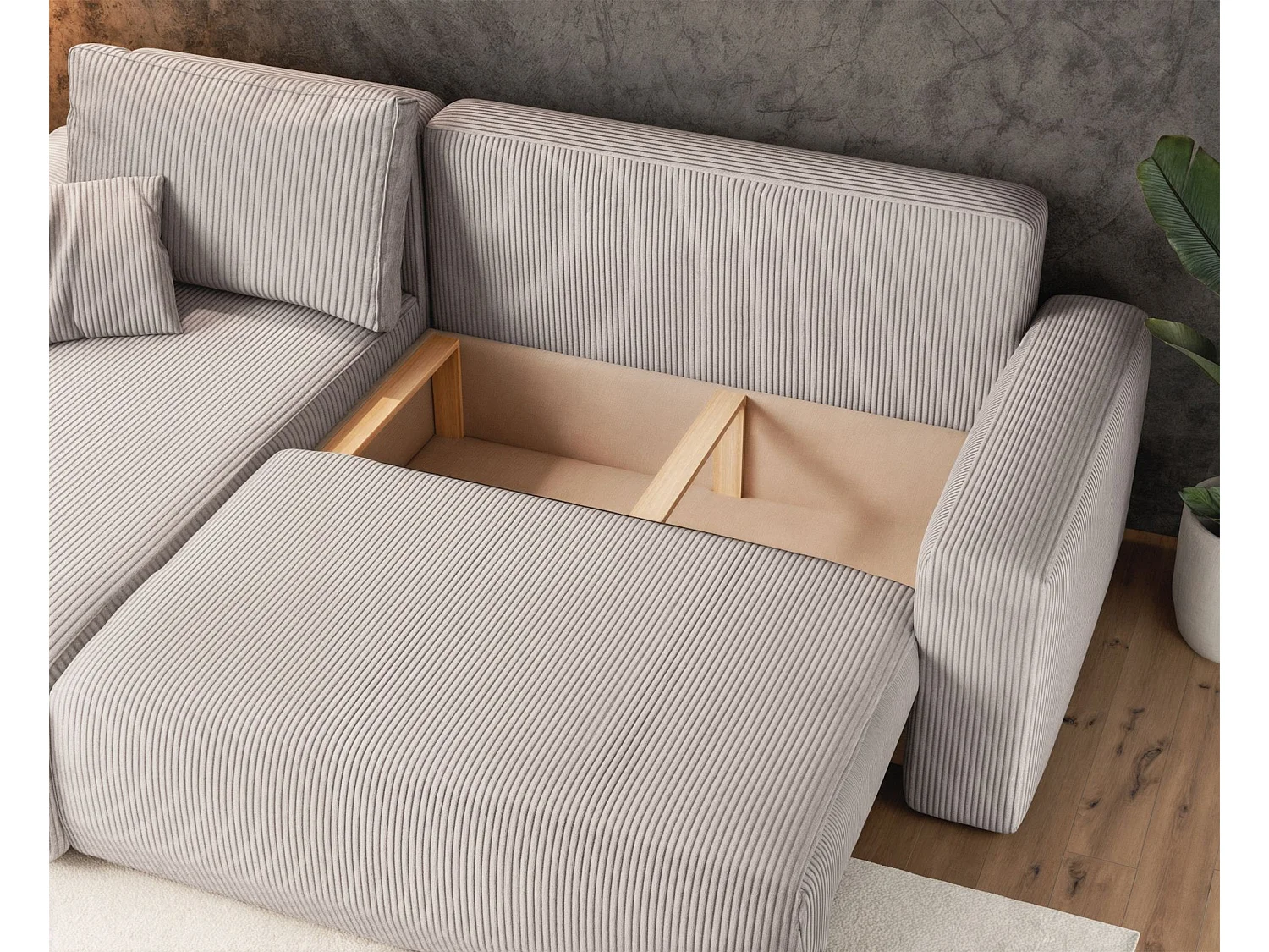 Canapé d'angle convertible - en velours côtelé beige clair - PIANONI