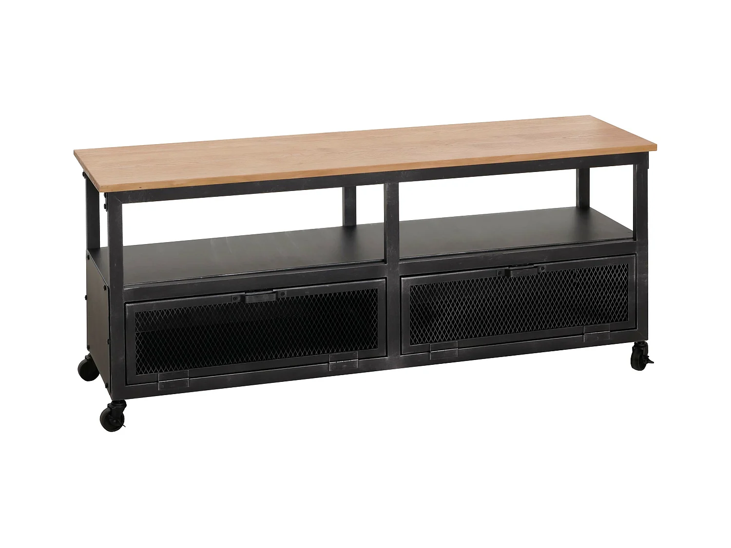 Mobile MCW-N28, porta TV, rotelle 2 scomparti, design 3D industriale retrò in legno metallo 55x130x36cm ~ nero, naturale
