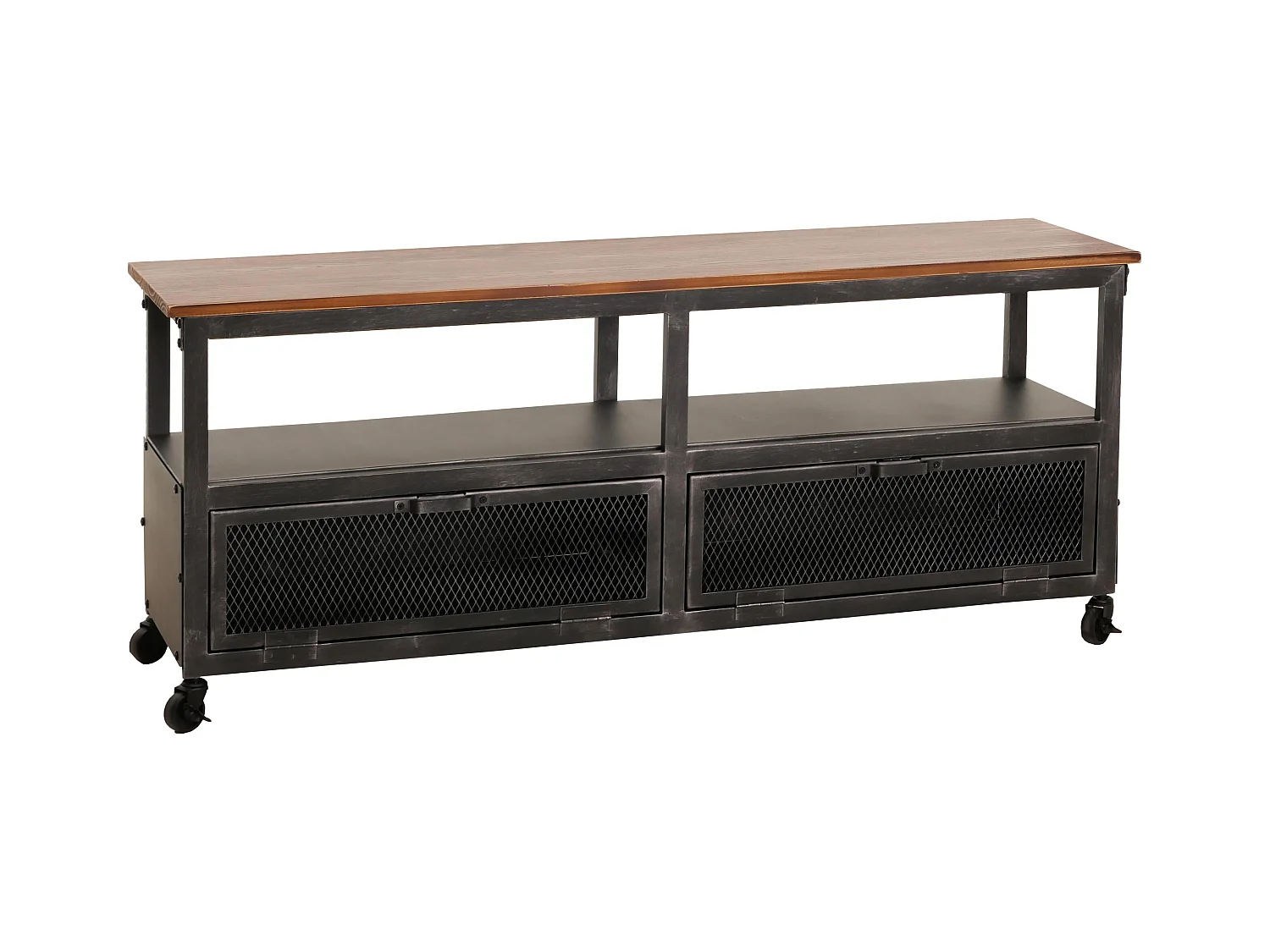 Mobile MCW-N28, porta TV, rotelle 2 scomparti, design 3D industriale retrò in legno metallo 55x130x36cm ~ nero, marrone