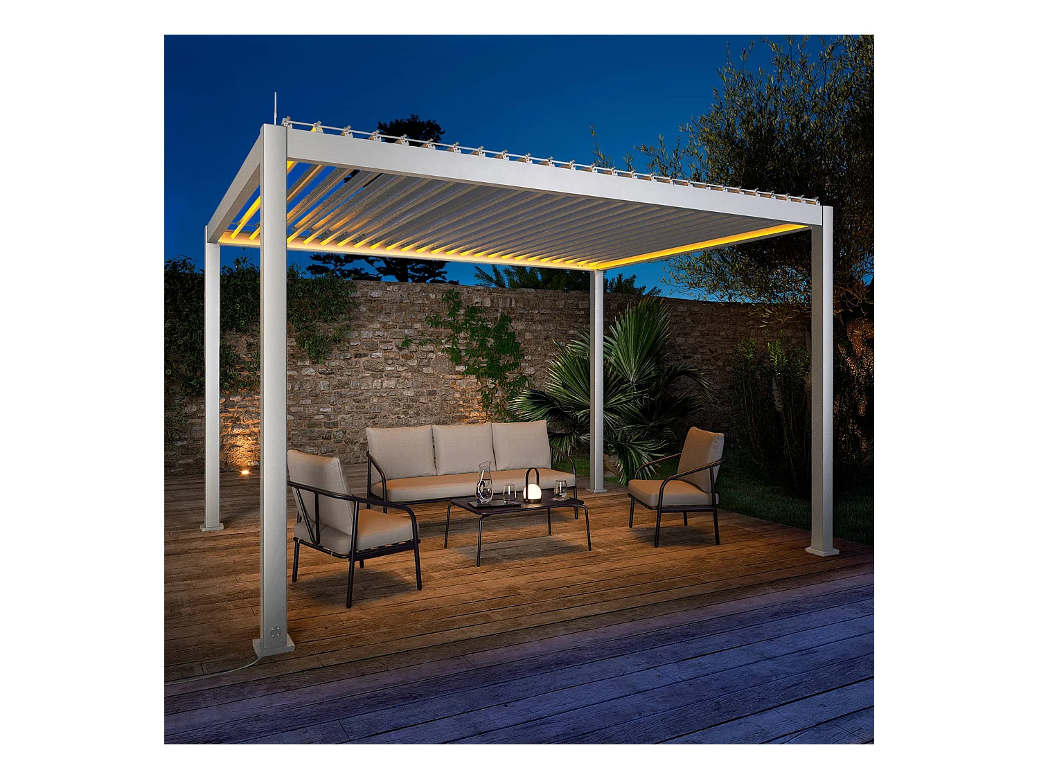 3x4m pérgola bioclimática de aluminio con iluminación led blanco