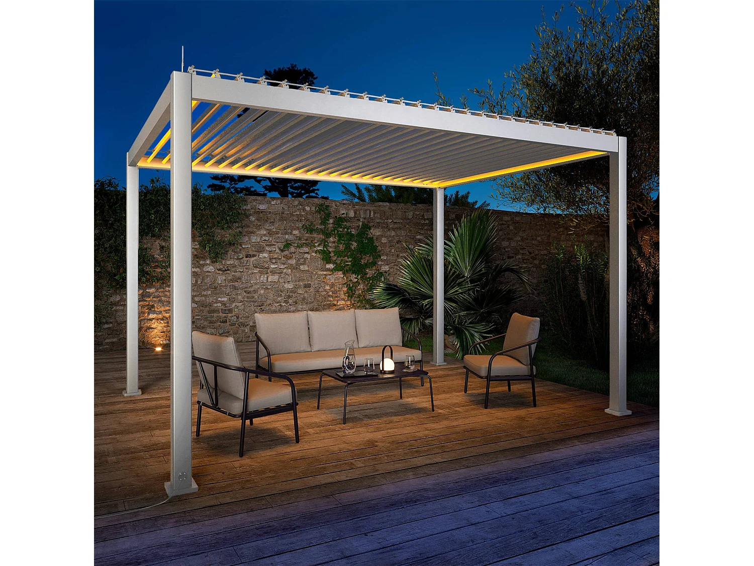 Pergola Bioclimatique électrique 3x4m blanc. aluminium. à lames orientables avec éclairage LED