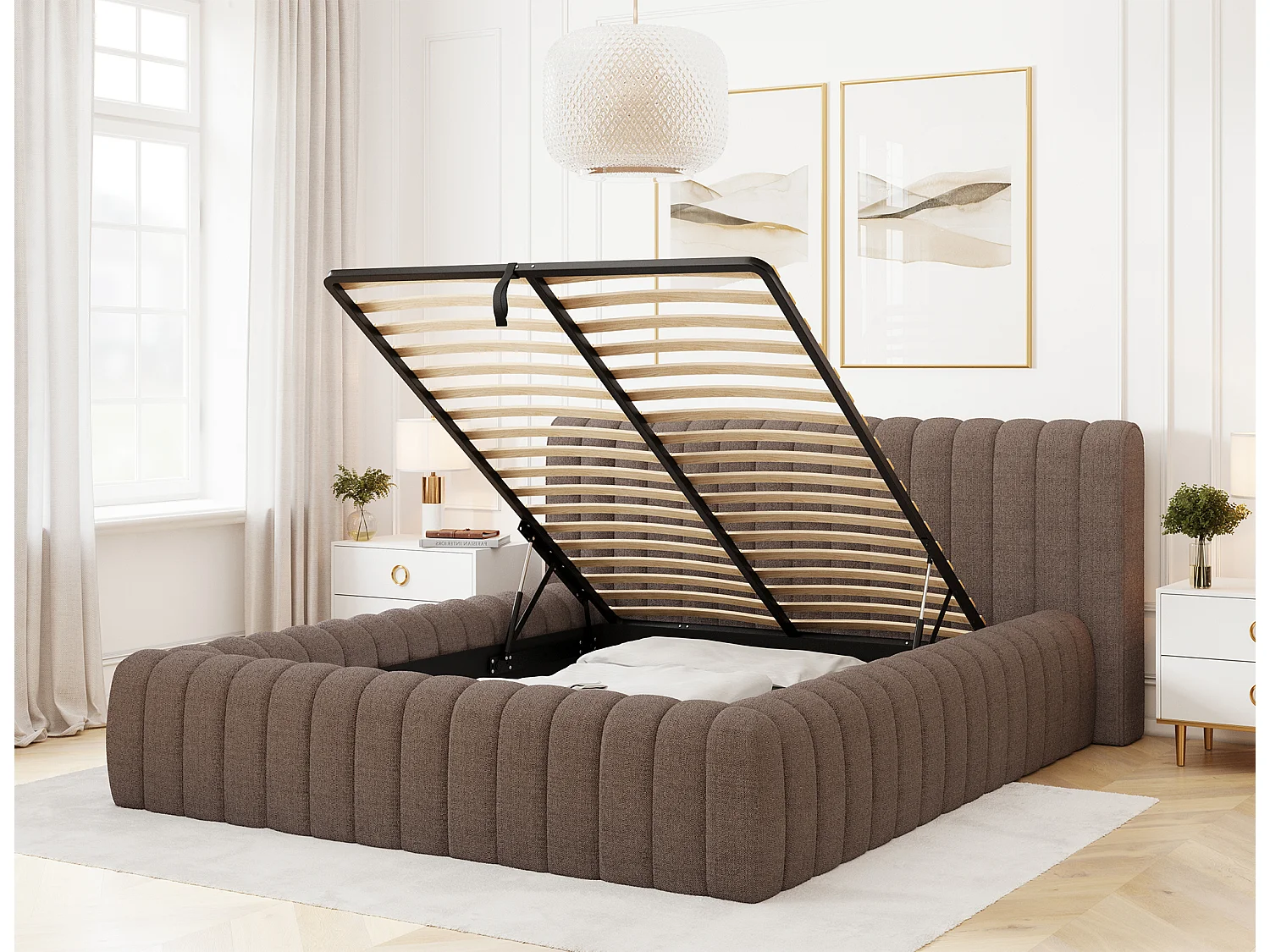 Lit coffre Madera prestige – Revêtement tissu tapissé-Couleur Marron-180x200