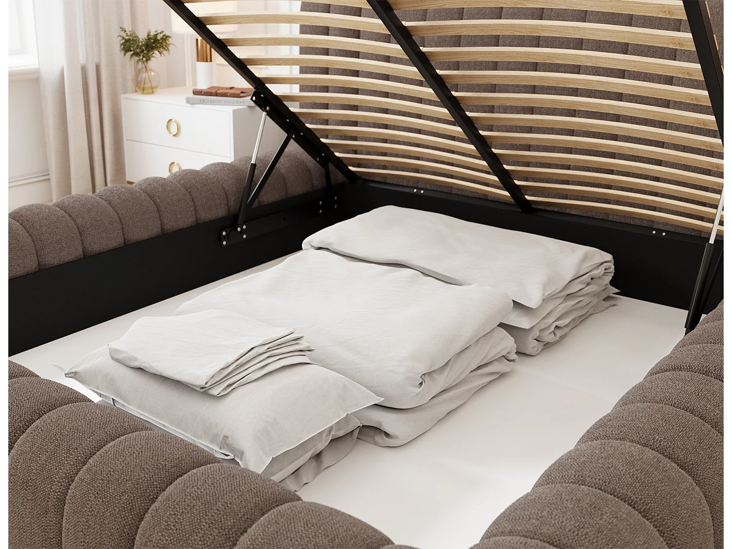 Lit coffre Madera prestige – Revêtement tissu tapissé-Couleur Marron-180x200