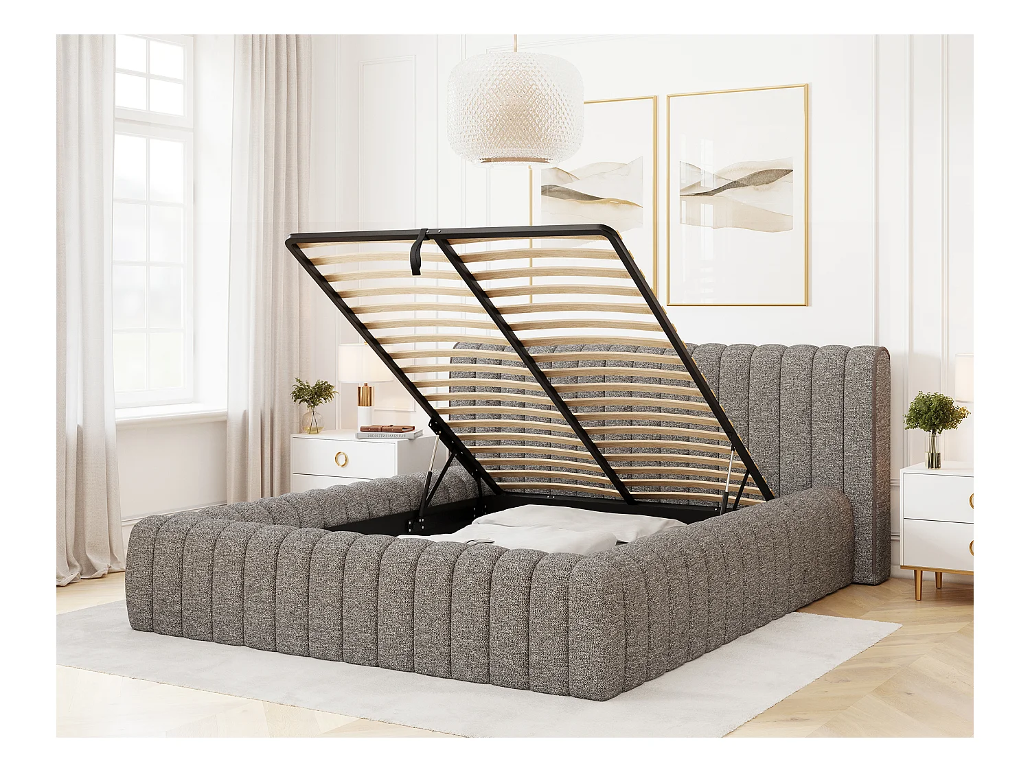Lit coffre Madera prestige – Revêtement tissu tapissé-Couleur Gris chiné-180x200