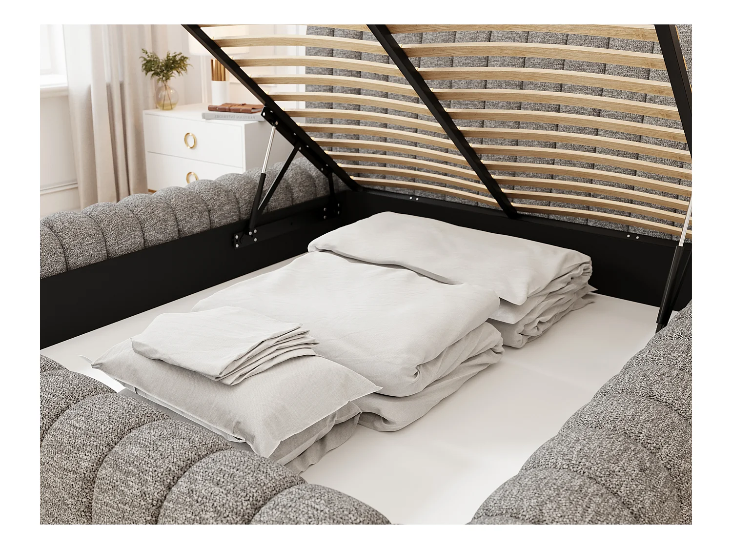Lit coffre Madera prestige – Revêtement tissu tapissé-Couleur Gris chiné-180x200