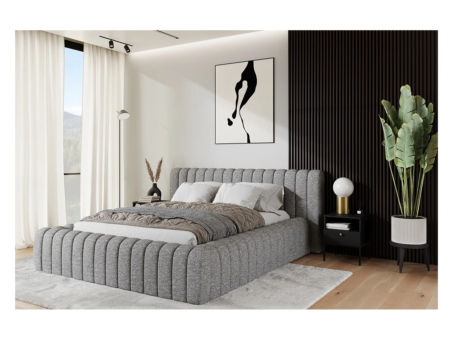 Lit coffre Madera prestige – Revêtement tissu tapissé-Couleur Gris chiné-180x200