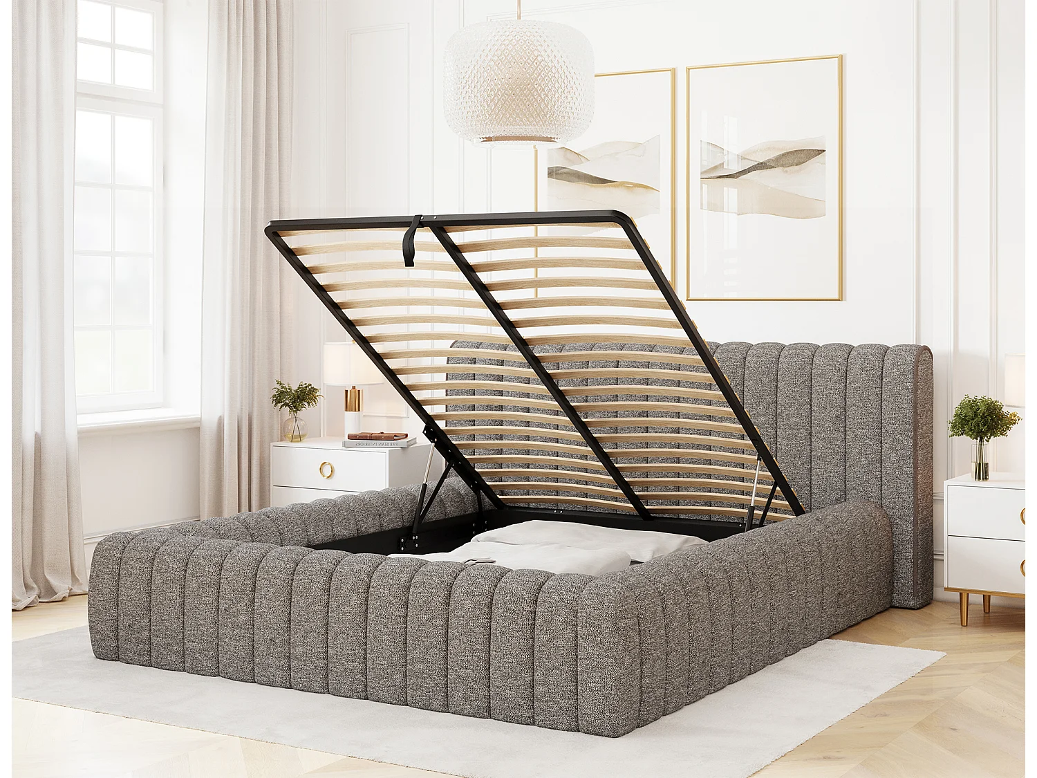 Lit coffre Madera prestige – Revêtement tissu tapissé-Couleur Gris chiné-180x200