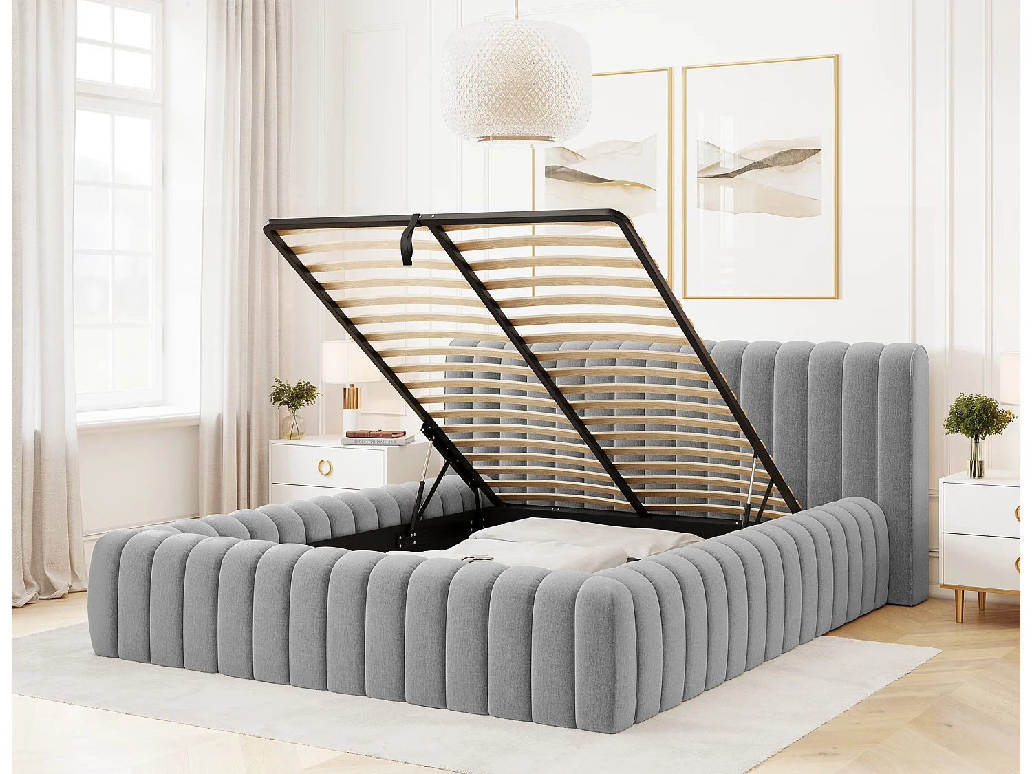 Lit coffre Madera prestige – Revêtement tissu tapissé-Couleur Gris clair-180x200