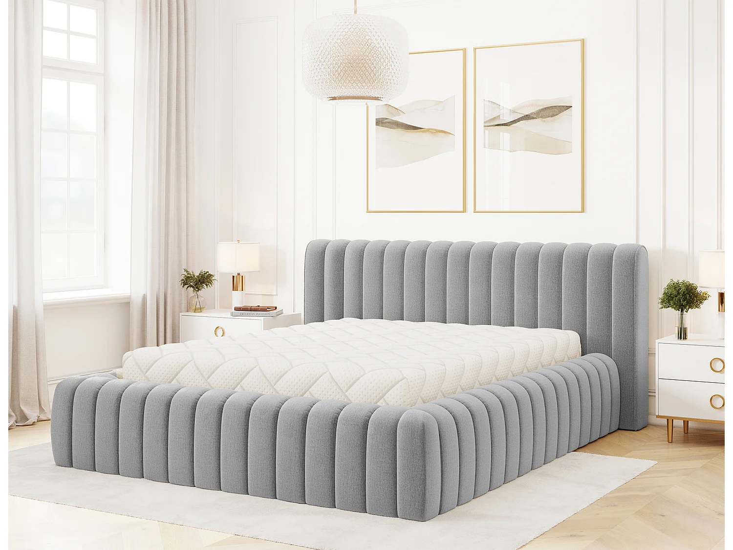 Lit coffre Madera prestige – Revêtement tissu tapissé-Couleur Gris clair-180x200