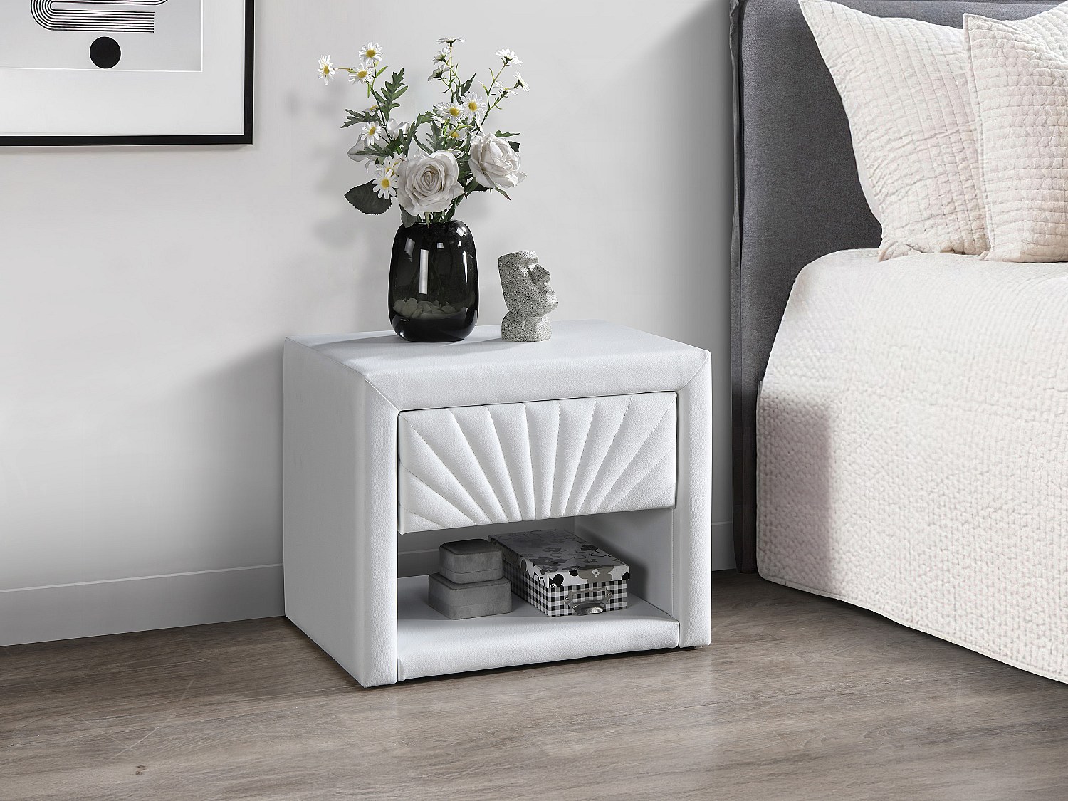 Nachttisch - 1 Schublade und 1 Ablage - Kunstleder - Weiß - ULAMI günstig online kaufen