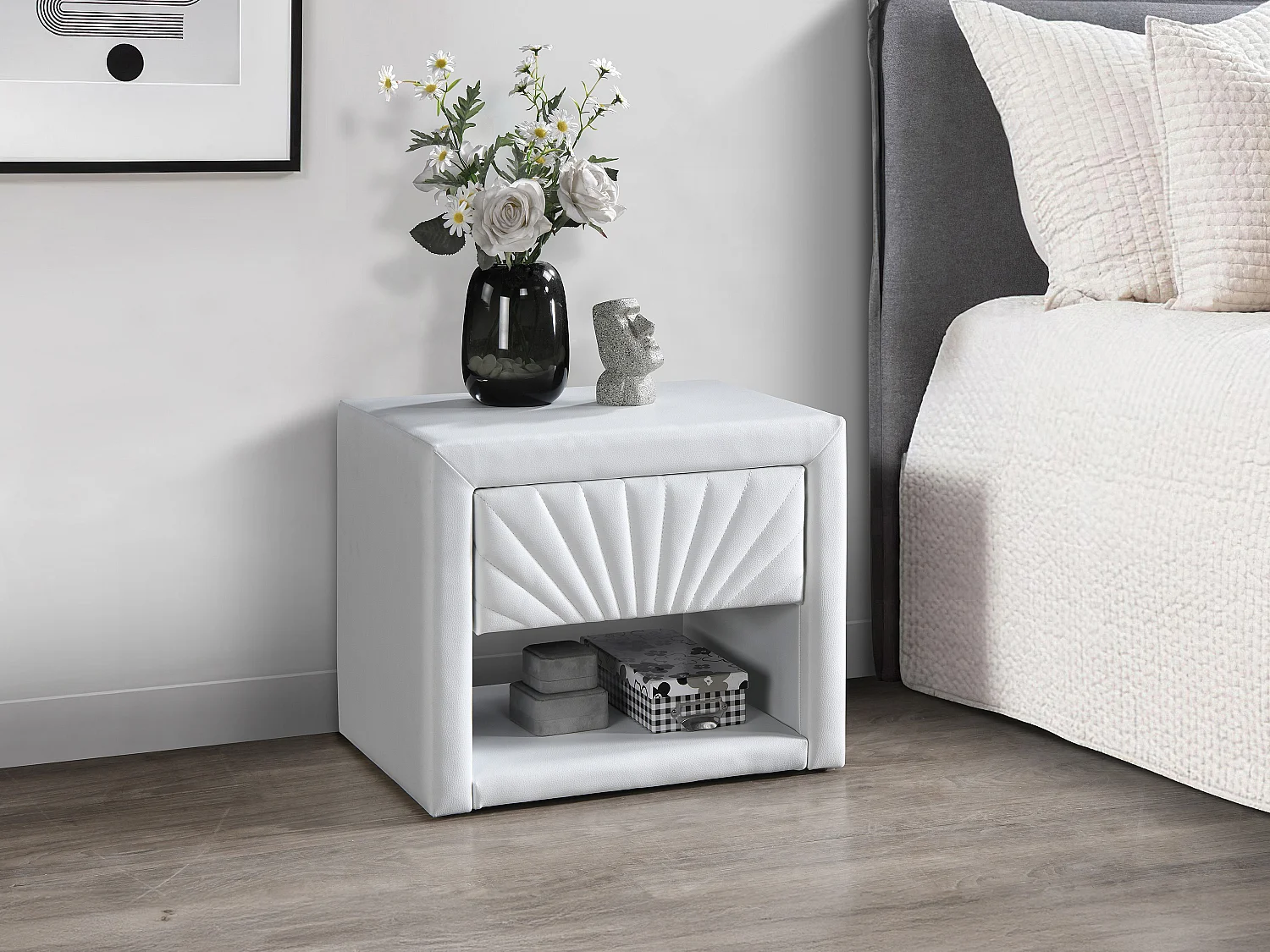 Table de chevet - 1 tiroir et 1 niche - Simili - Blanc - ULAMI