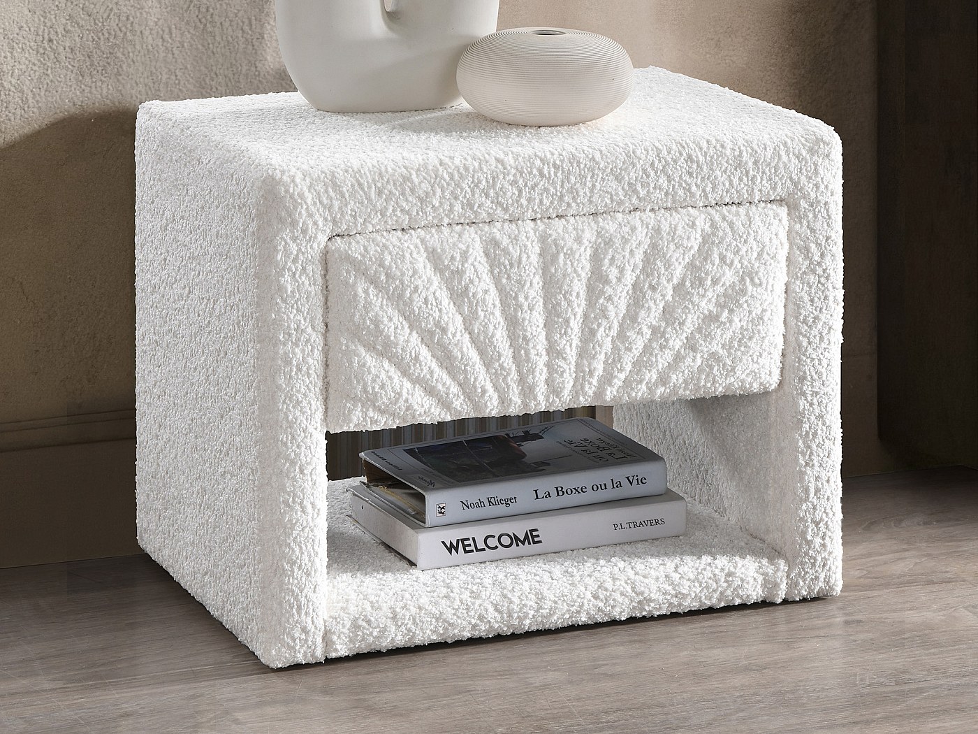 Comodino con specchio + 2 cassetti e sgabello da trucco bianco ML-DESIGN