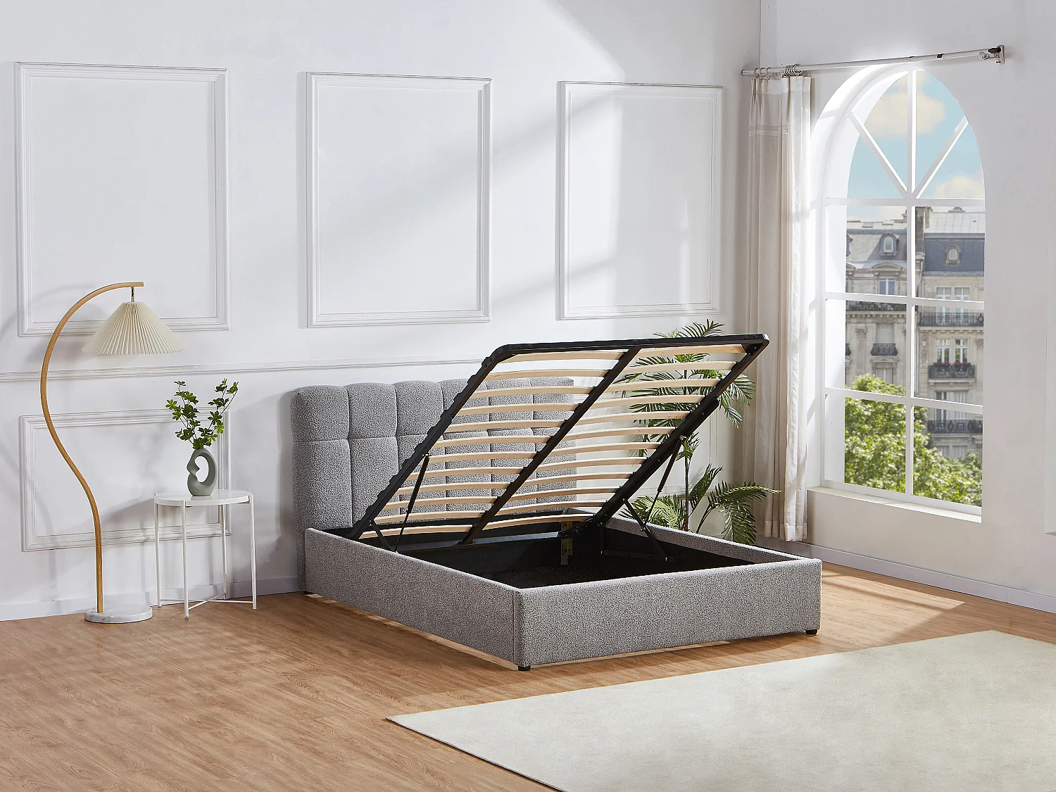 Lit coffre 160 x 200 cm - Tissu bouclette - Gris - MAZIRI