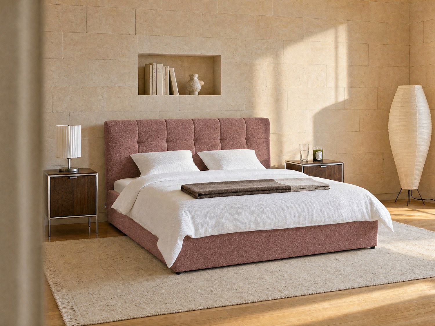 Vente-unique Bett Mit Bettkasten - 140 X 190 Cm - Bouclé-Stoff - Terracotta - Maziri
