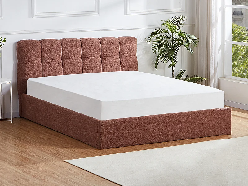 Lit coffre 140 x 190 cm - Tissu bouclette - Terracotta - MAZIRI