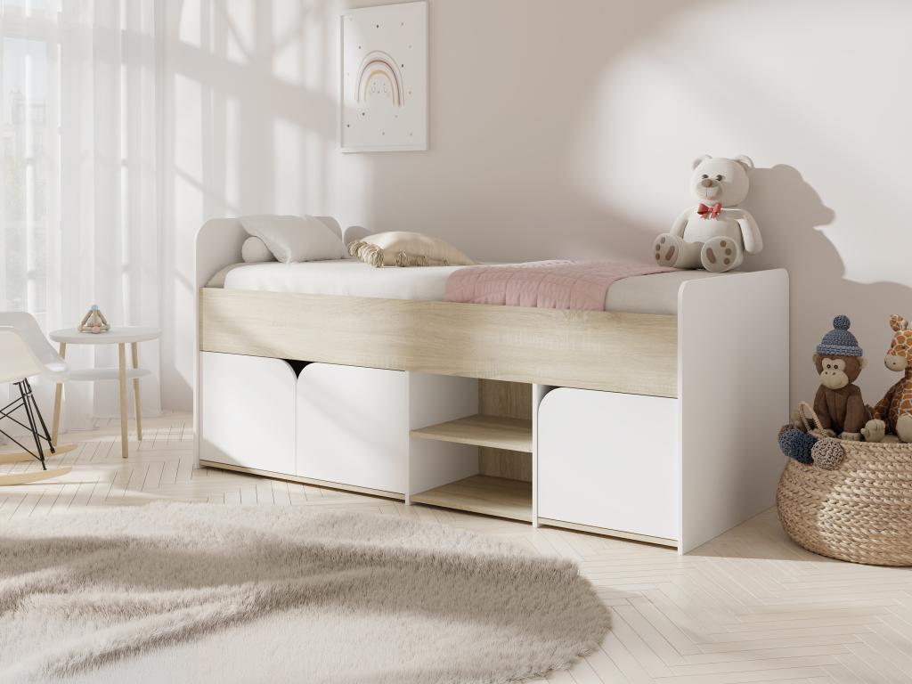 Bett 90 x 190 cm mit Stauraum - Farbe: Natur und weiß - LOSTYA günstig online kaufen